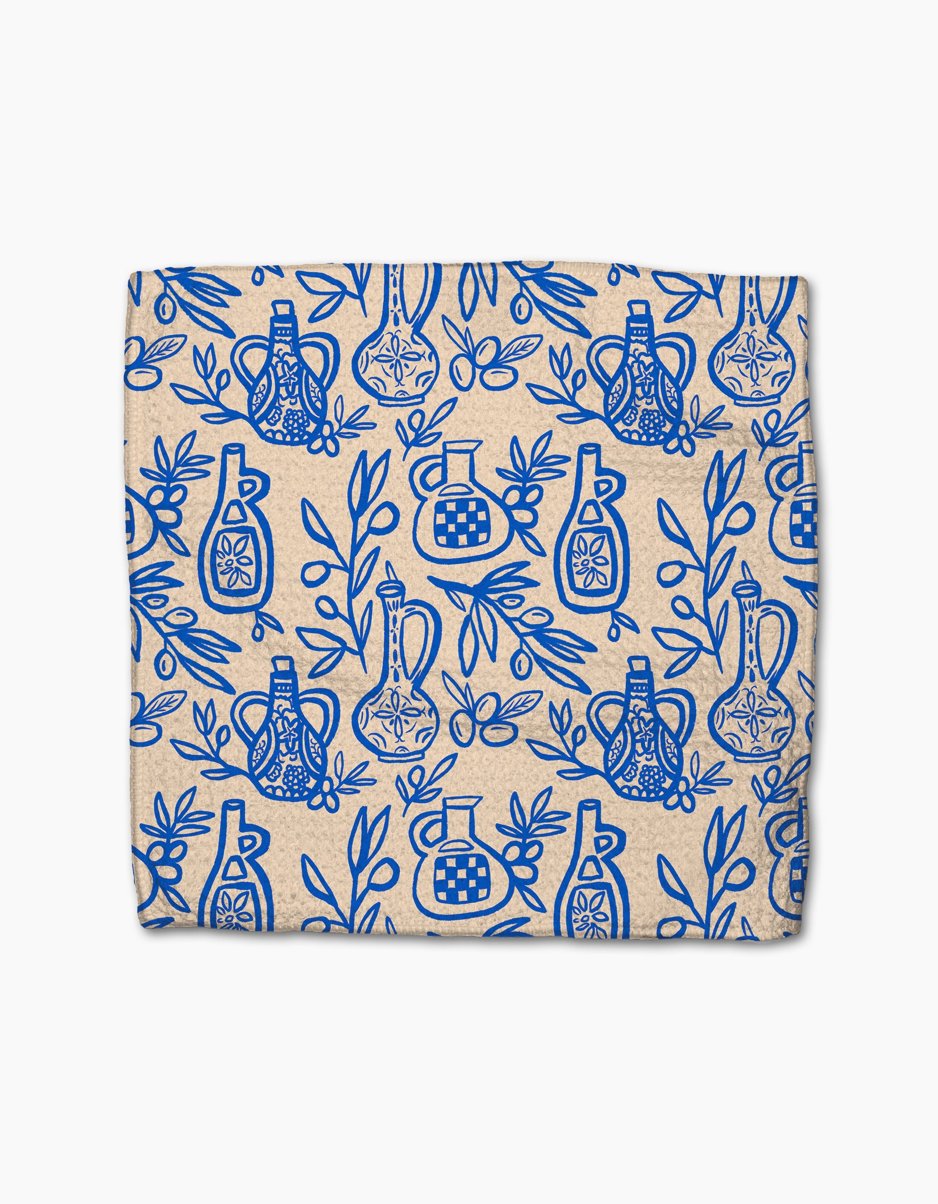 The Mediterranean Pour dishcloth set by Lisa Nelson is beige, made from recycled materials, and features a super-absorbent cloth adorned with a blue pattern of decorative bottles, leaves, and branches covering the entire surface.