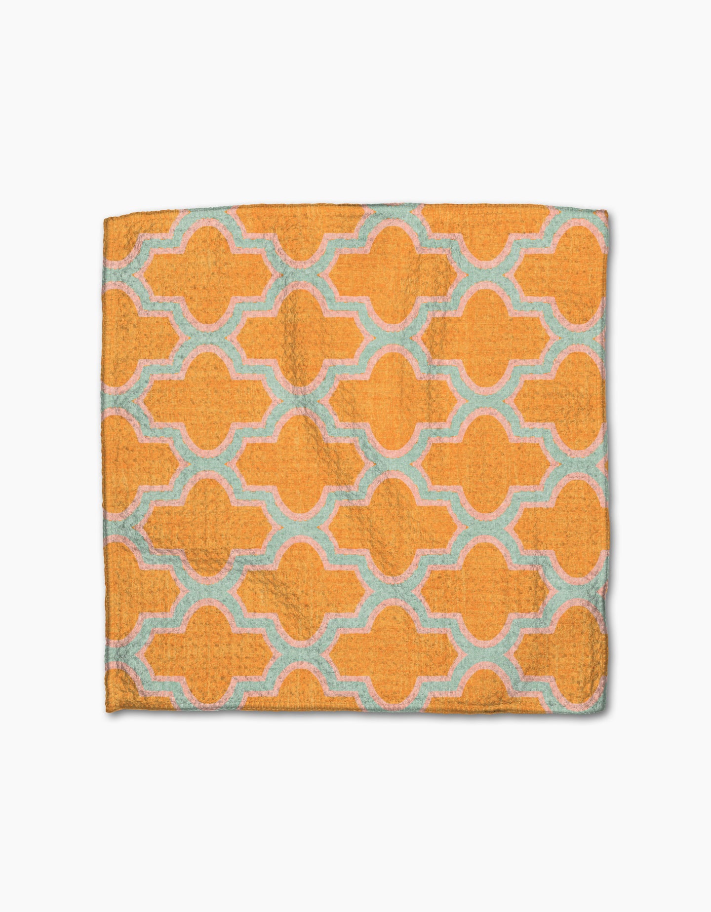 The Mustard Ogee towel by Pascale Dilger is a rectangular textile made from recycled materials with a textured surface and repeating geometric patterns in light blue, shown laid flat on a white background.