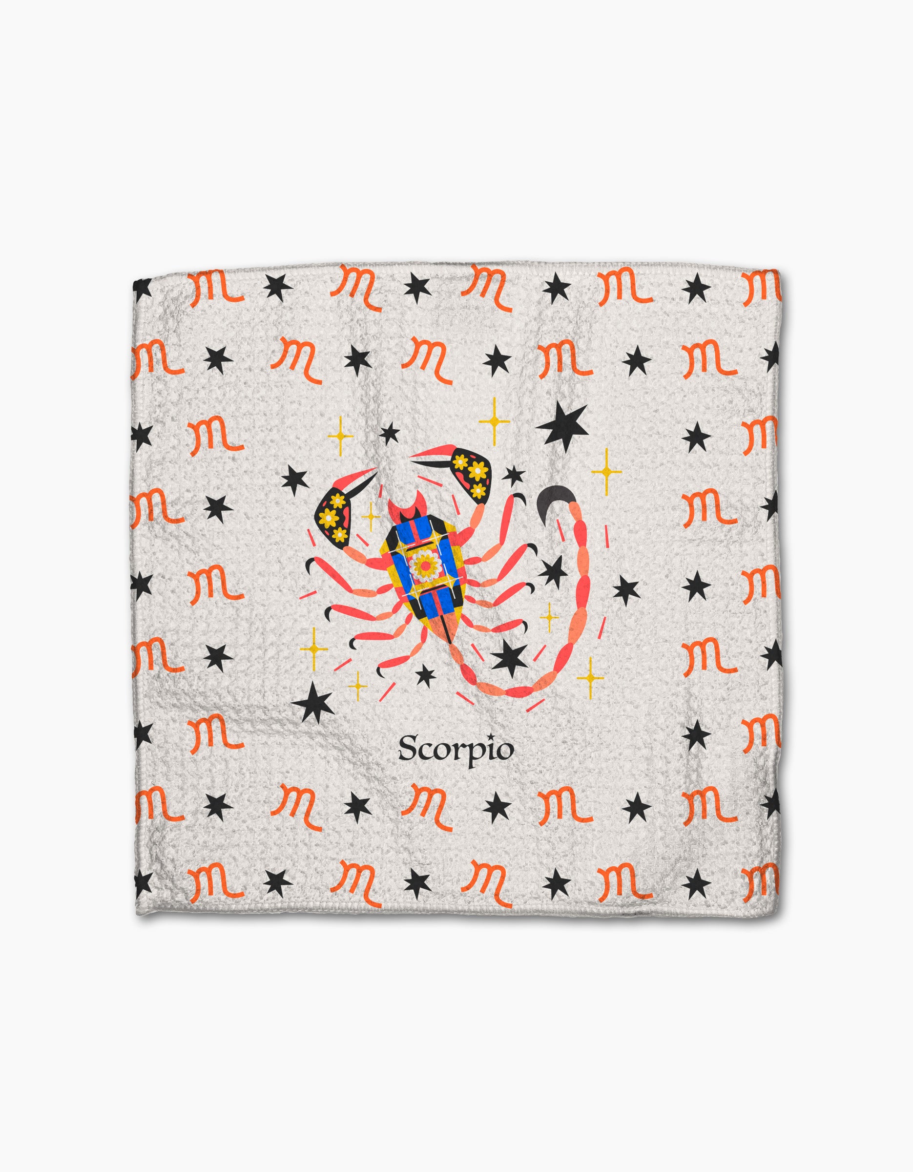 The Mysterious Scorpio reusable dishcloth set by Heather Zhou features a colorful scorpion with blue, yellow, and red patterns, black stars, and red Scorpio symbols. "Scorpio" appears below this eco-friendly kitchen towel design.