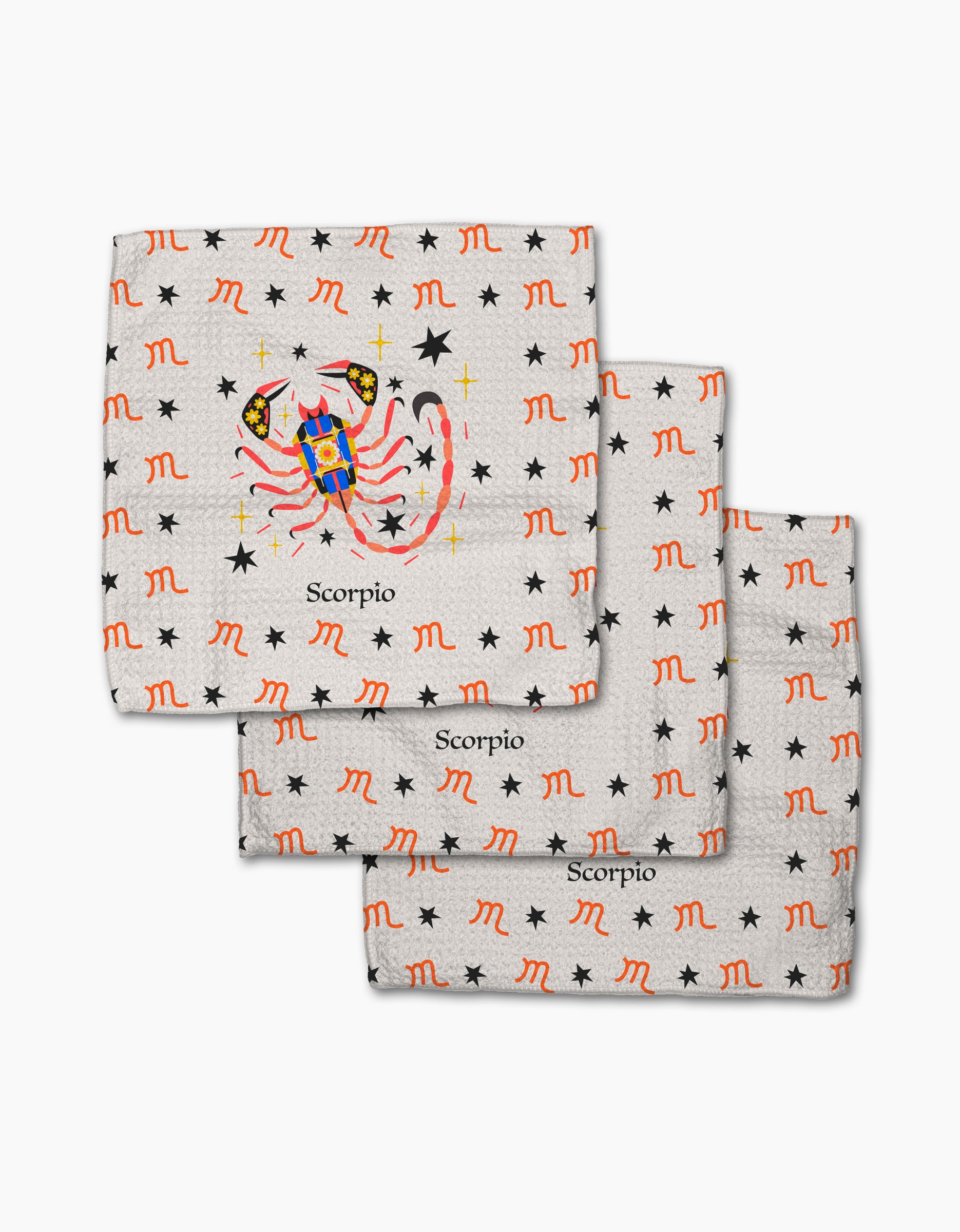 The Heather Zhou "Mysterious Scorpio" set includes three eco-friendly white kitchen towels decorated with black stars, red Scorpio symbols, and a vibrant scorpion illustration with "Scorpio" below—perfect reusable dishcloths for zodiac fans.