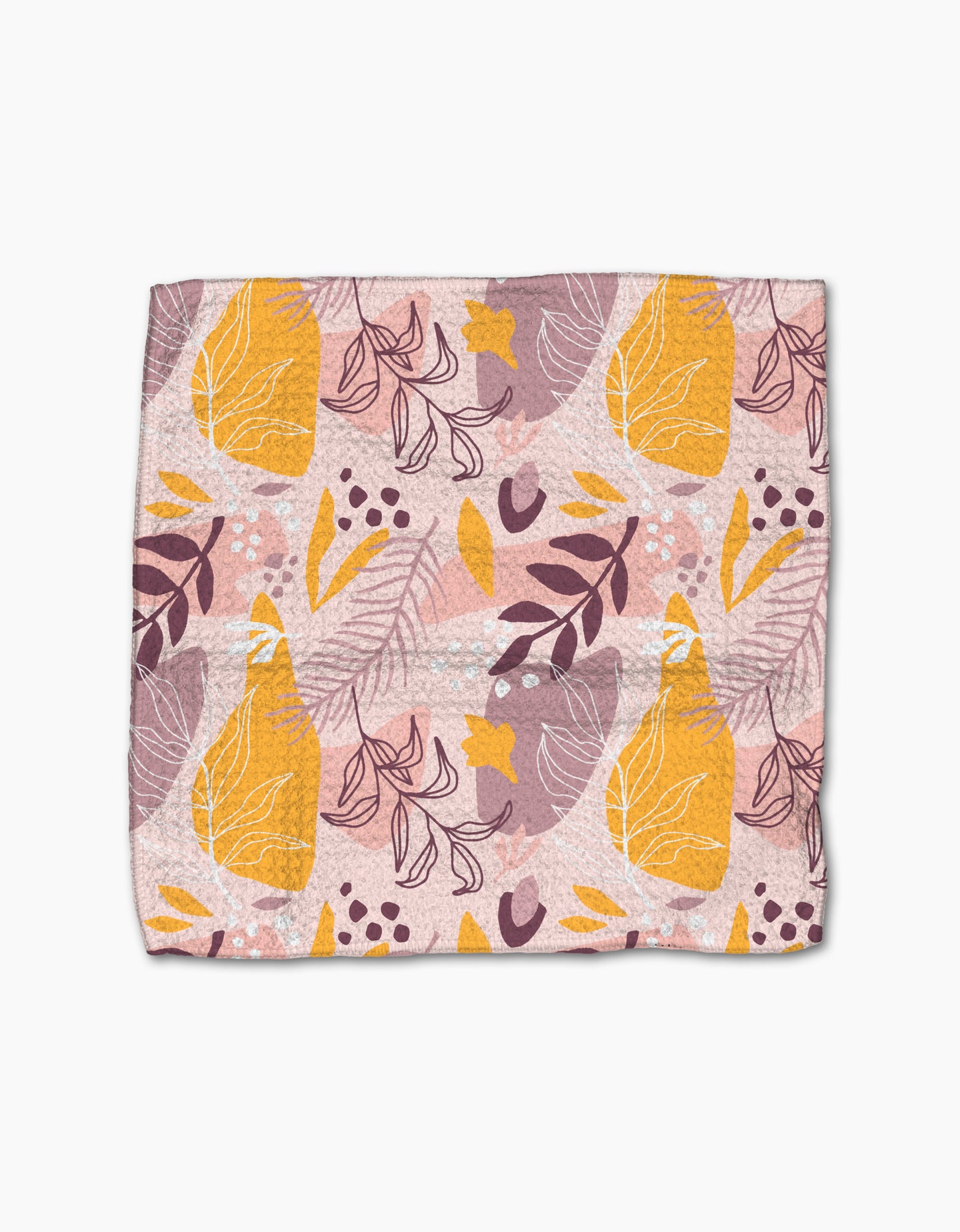 The Nature Sketch dishcloth set by Cottonflower Studio features a soft, rectangular design with a pink background and abstract yellow pears, purple leaves, white and orange branches. Modern, playful look crafted from recycled materials.
