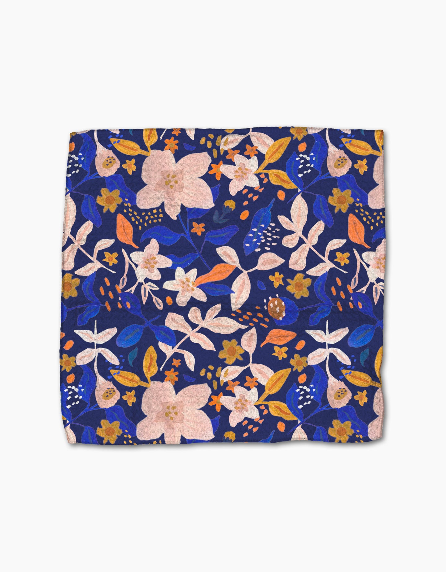 The Nightfall Garden by Cottonflower Studio is a square cloth with a vibrant pink, orange, and yellow floral pattern on dark blue, crafted from recycled materials.