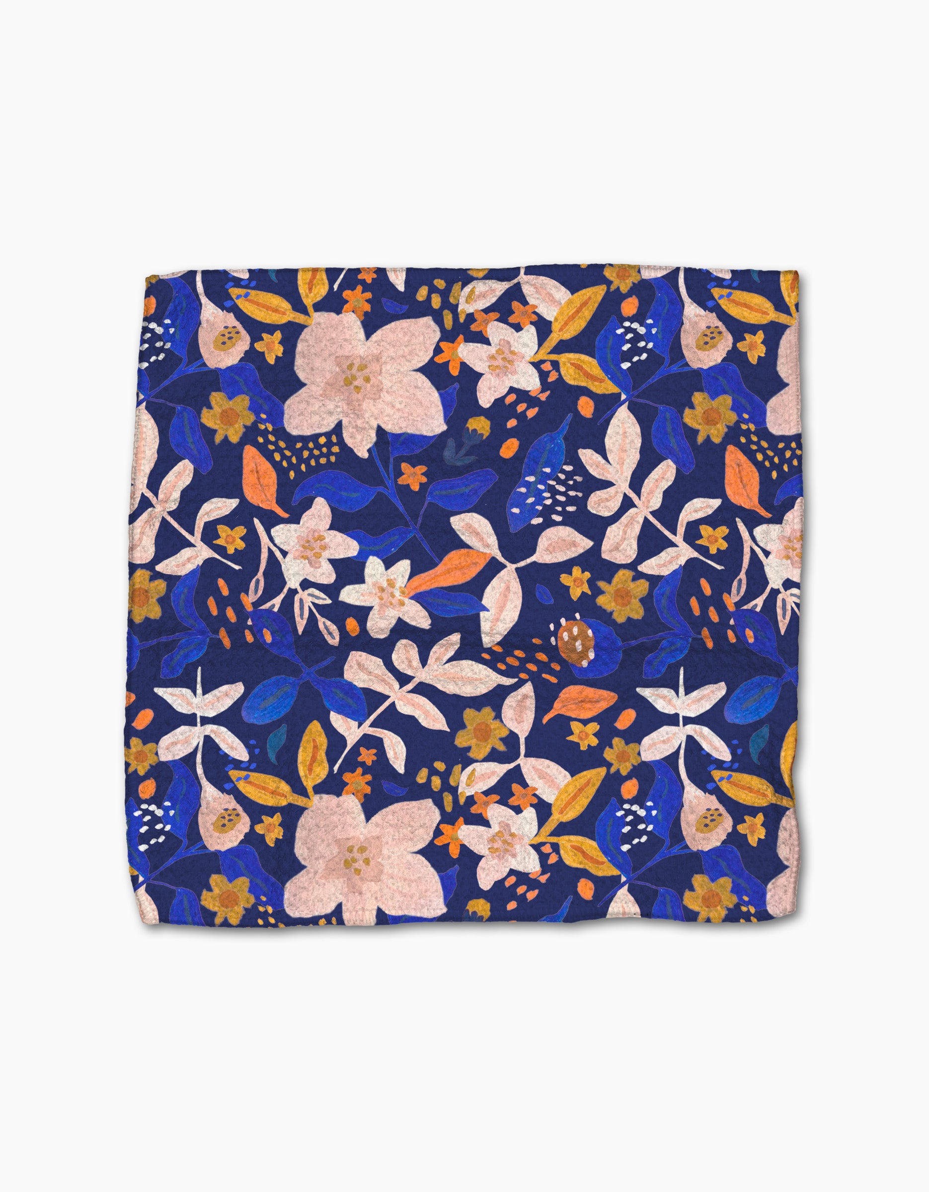 The Nightfall Garden by Cottonflower Studio is a square cloth with a vibrant pink, orange, and yellow floral pattern on dark blue, crafted from recycled materials.