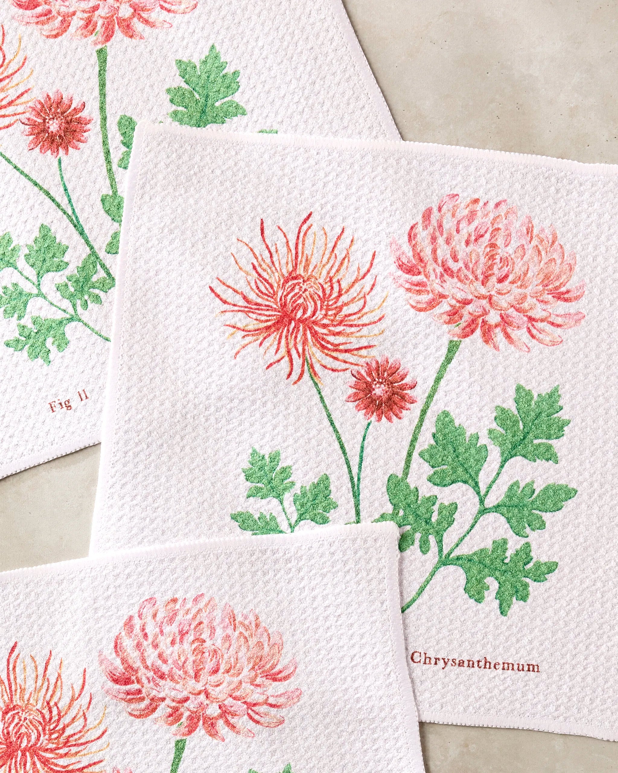 The Linda Fox "November Chrysanthemum" set includes three white absorbent dish towels, each showcasing delicately drawn pink and red chrysanthemums with green leaves—one towel featuring the “Chrysanthemum” label.