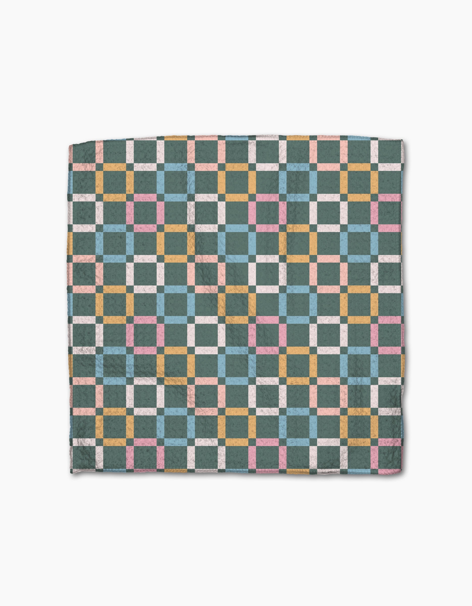 Park Lane by Charlie Rowan Designs features a geometric checkerboard quilt in teal, yellow, pink, white, and light blue on white. Made from ultra-absorbent Geoweave fabric, its symmetrical grid pattern spans the entire surface.