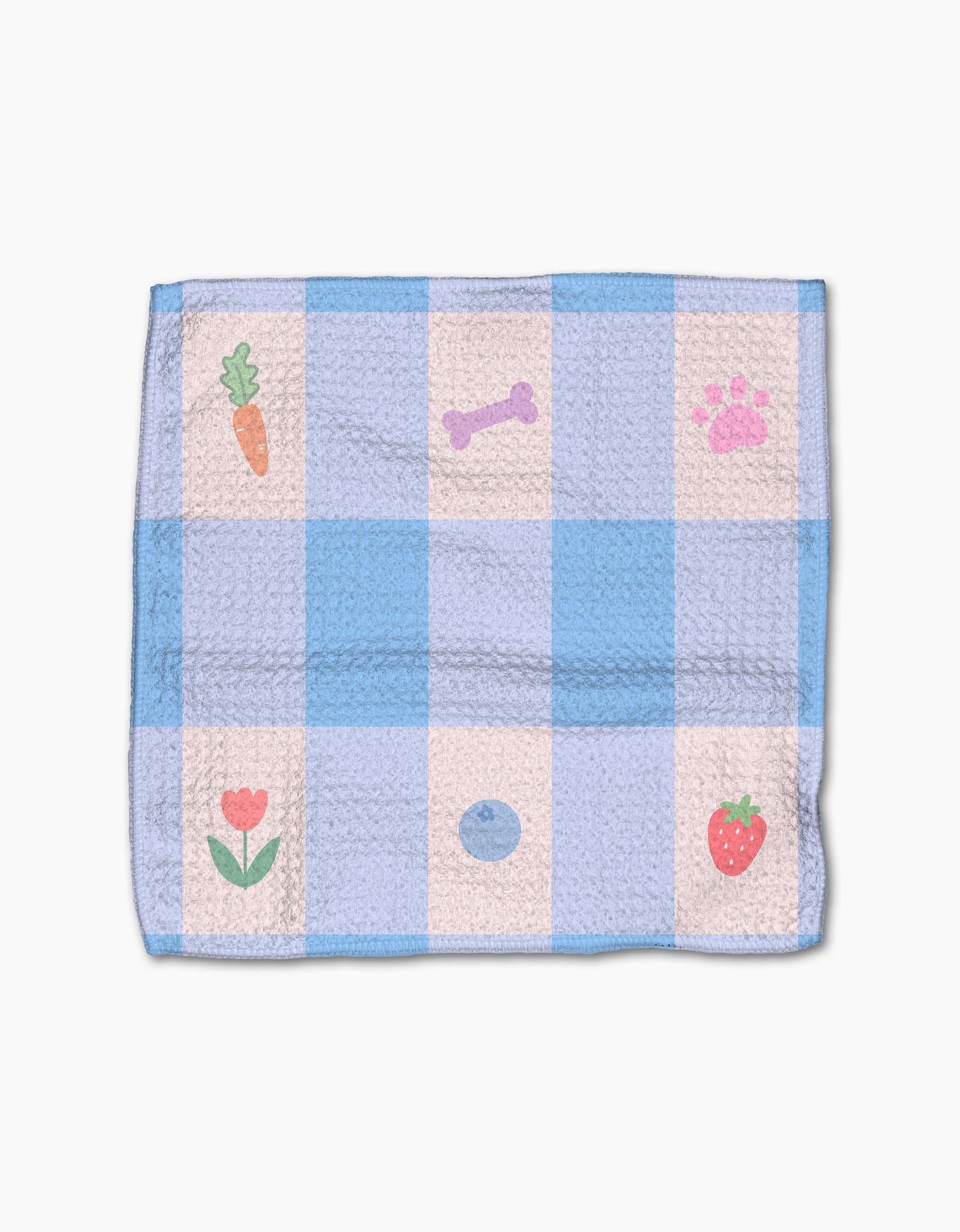 The Pawfect Picnic dishcloth set by Letters By Shells features blue and white checks with small carrot, bone, paw print, flower, blueberry, and strawberry illustrations. Made from recycled materials; shown on a plain white background.