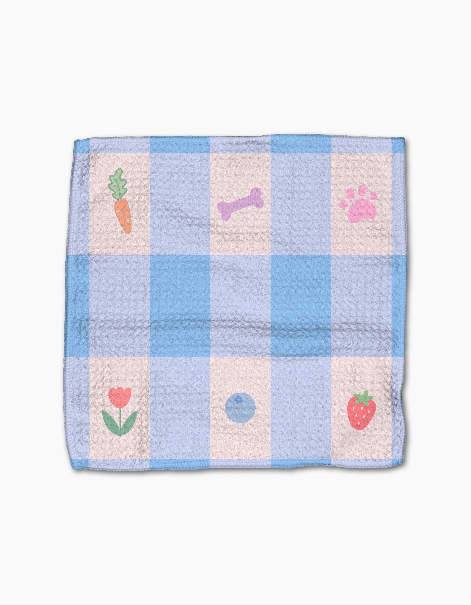 The Pawfect Picnic dishcloth set by Letters By Shells features blue and white checks with small carrot, bone, paw print, flower, blueberry, and strawberry illustrations. Made from recycled materials; shown on a plain white background.