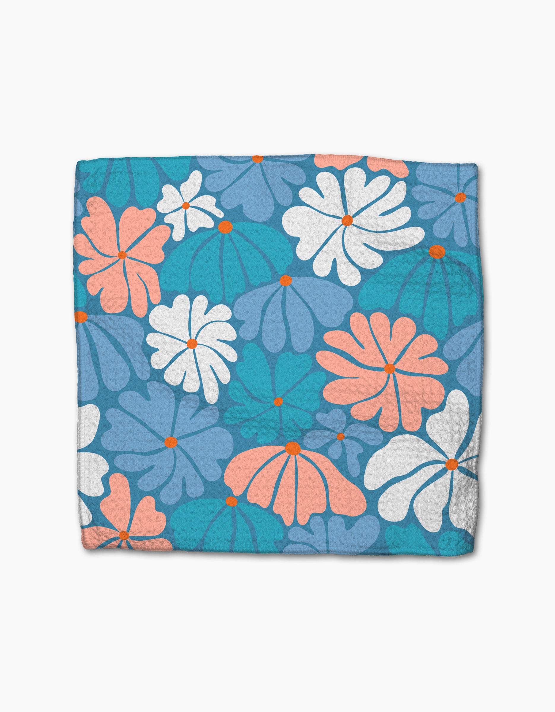 Picnic Flowers by Rachel Parker: a square blue dishcloth with a vibrant floral pattern of large white, pink, and orange flowers plus orange dots on textured teal, made from super-absorbent recycled materials.