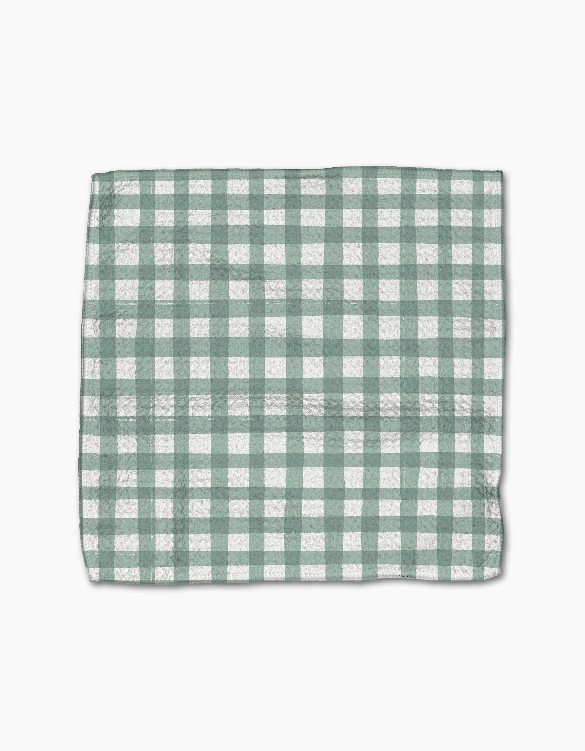 The Picnic Gingham dishcloth by Hufton Studio, featuring a green and white checkered pattern, is laid flat on a white background.