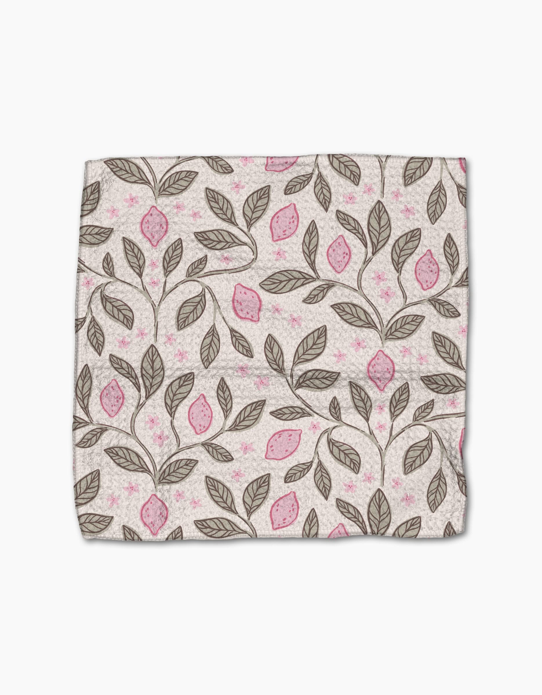 Pink Summer by Teri the Butter is a rectangular cloth made from recycled materials, featuring brown branches with leaves and pink fruits on a light background. The fabric has a slightly wrinkled look and is shown on a white surface.
