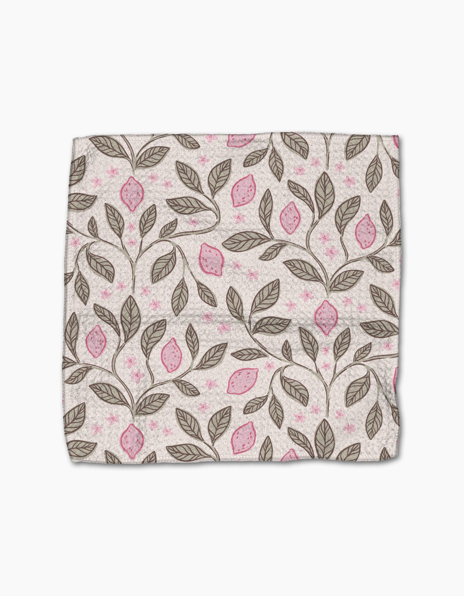 Pink Summer by Teri the Butter is a rectangular cloth made from recycled materials, featuring brown branches with leaves and pink fruits on a light background. The fabric has a slightly wrinkled look and is shown on a white surface.