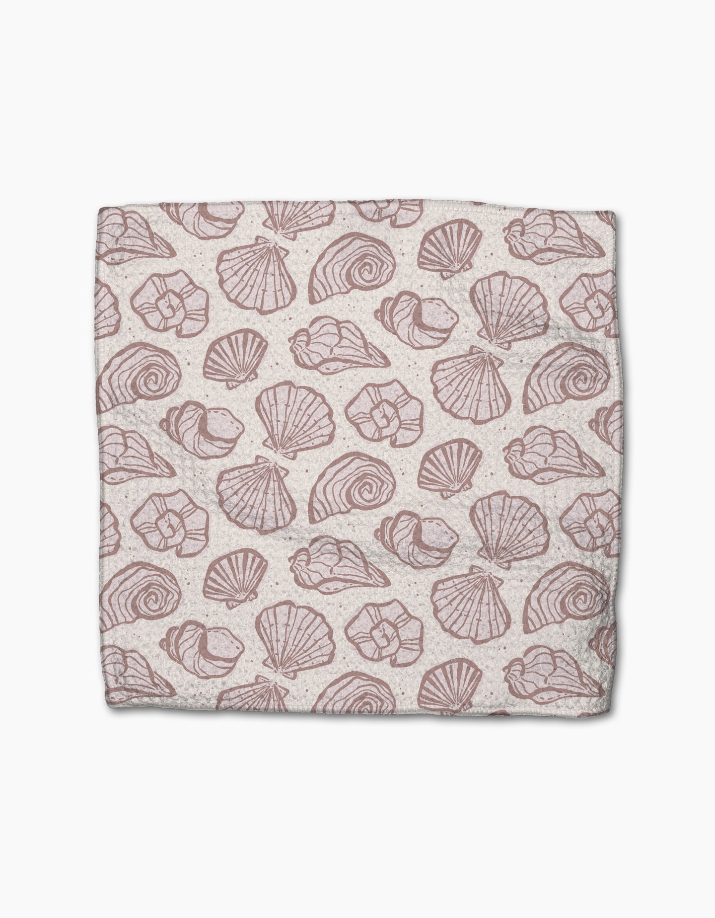 Pink Summer by Teri the Butter is a rectangular cloth made from recycled materials, featuring a repeating pattern of various pink seashell illustrations on a light beige background.