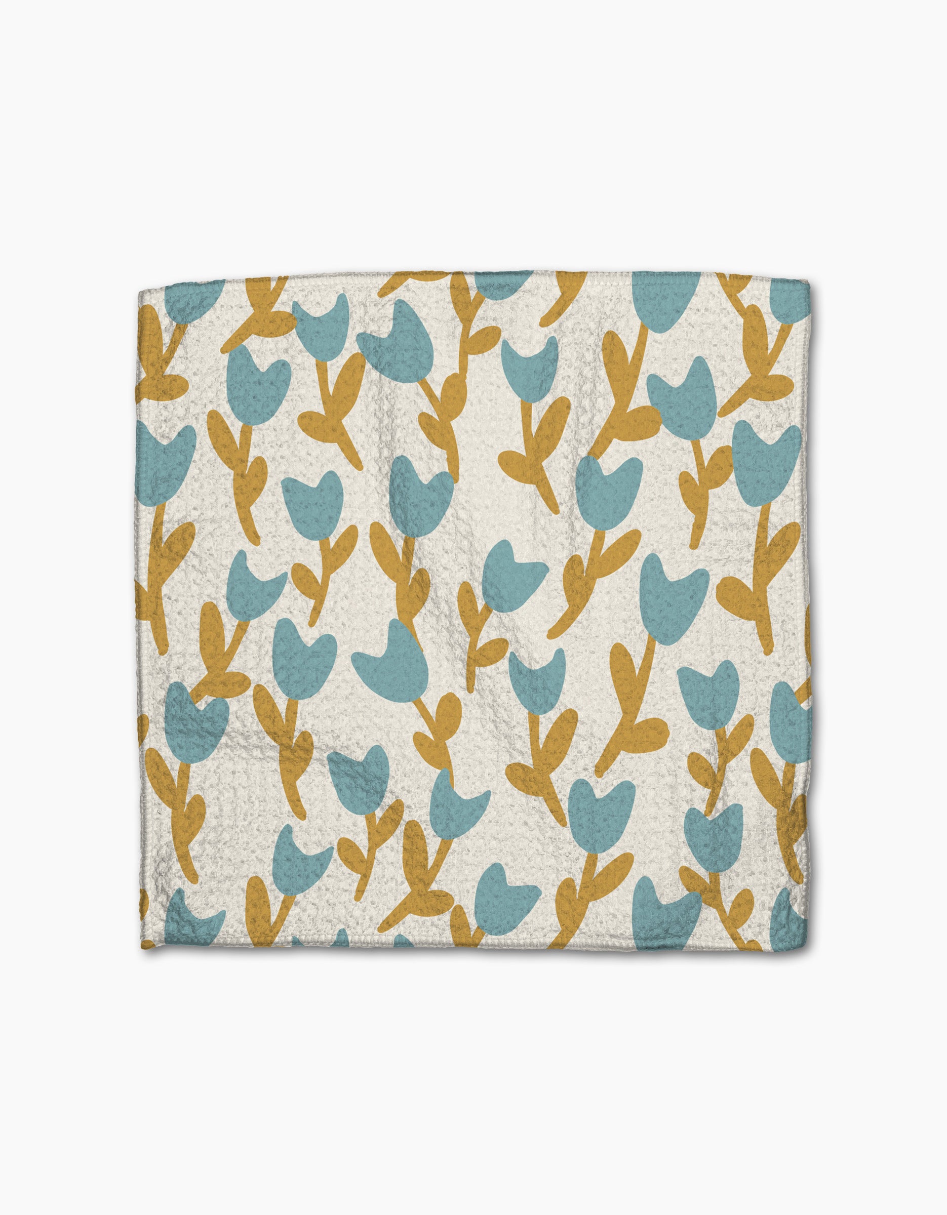 Introducing Polka Dot Blooms by Lizzie Clark—a wallet with a textured surface, adorned with blue tulip-inspired flowers and mustard stems on white, capturing the whimsical charm of super-absorbent recycled dishcloths.
