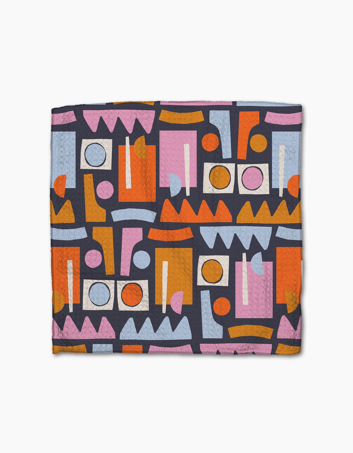 The Retro Shapes Fiesta by Claire Iglesias is a square dishcloth made from Geoweave fabric, featuring colorful abstract circles, rectangles, zigzags, and lines in orange, pink, blue, purple, and white on a dark background.