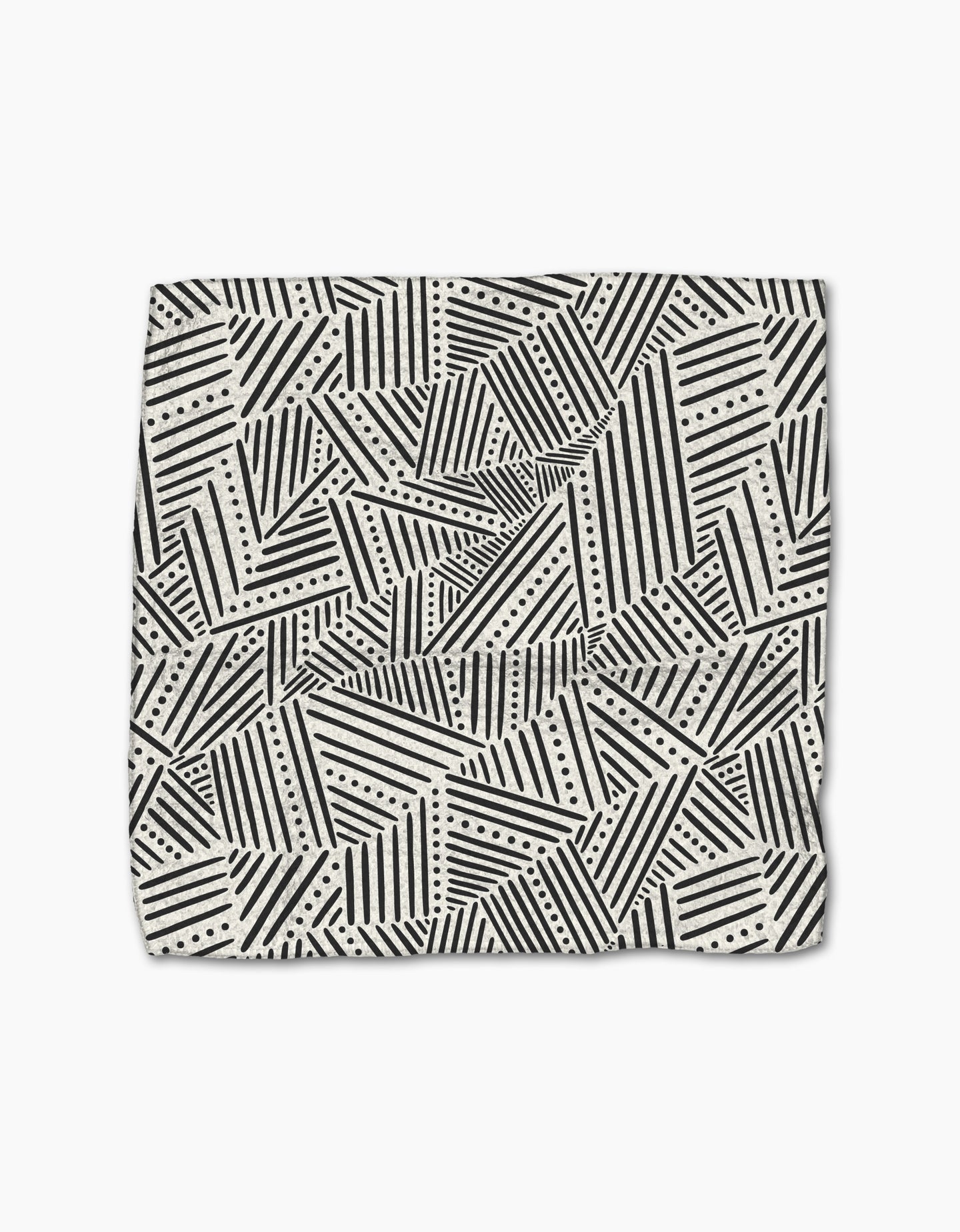 The Rhythm Current Stripes dishtowel by Sarah Daugherty features a folded, super-absorbent design with black and white geometric diagonal stripes, triangles, and dotted lines on a light background.