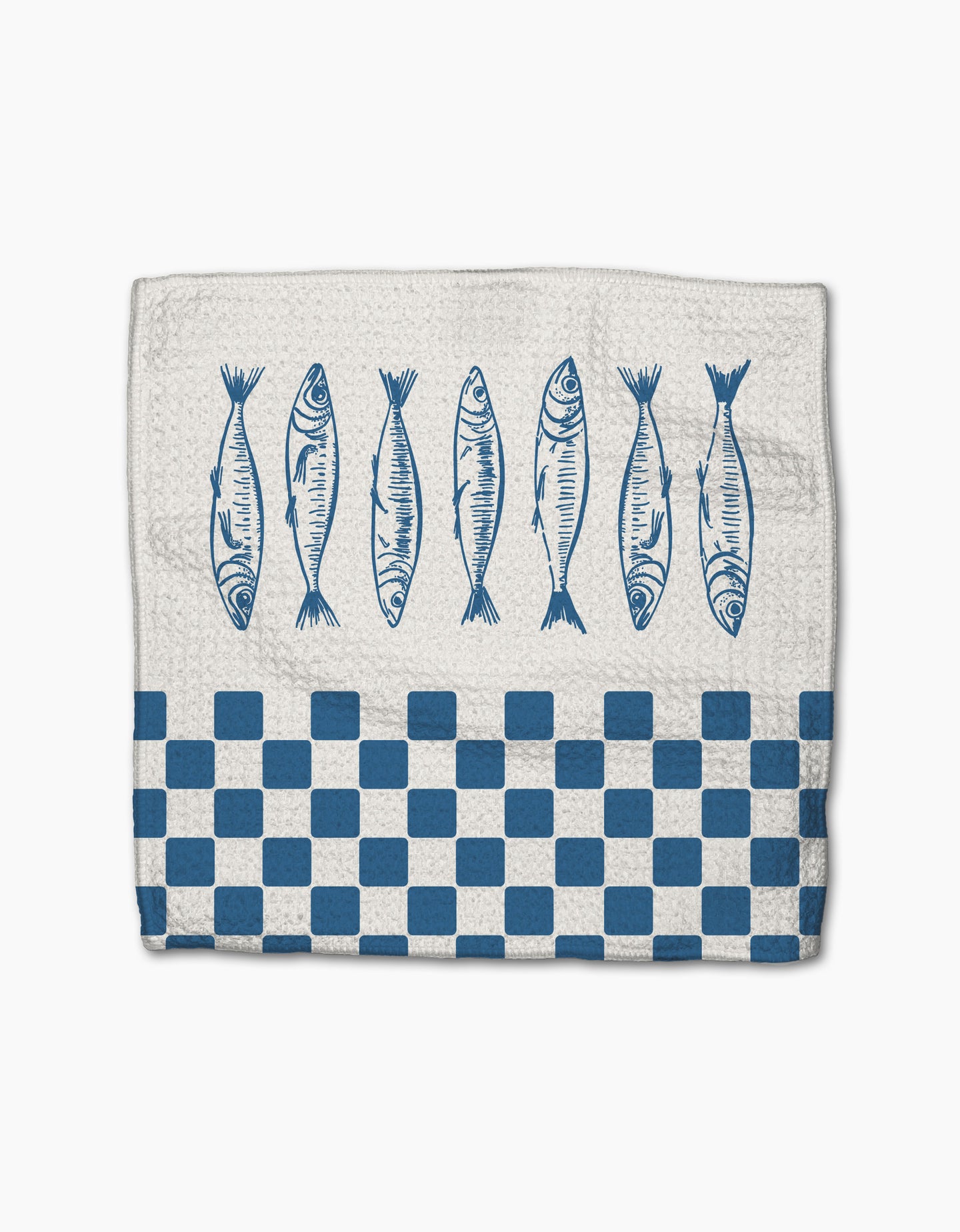 The Hufton Studio Sardine Check Blue napkin is a white Geoweave cloth featuring six blue fish illustrations above a blue and white checkered border along the bottom edge.