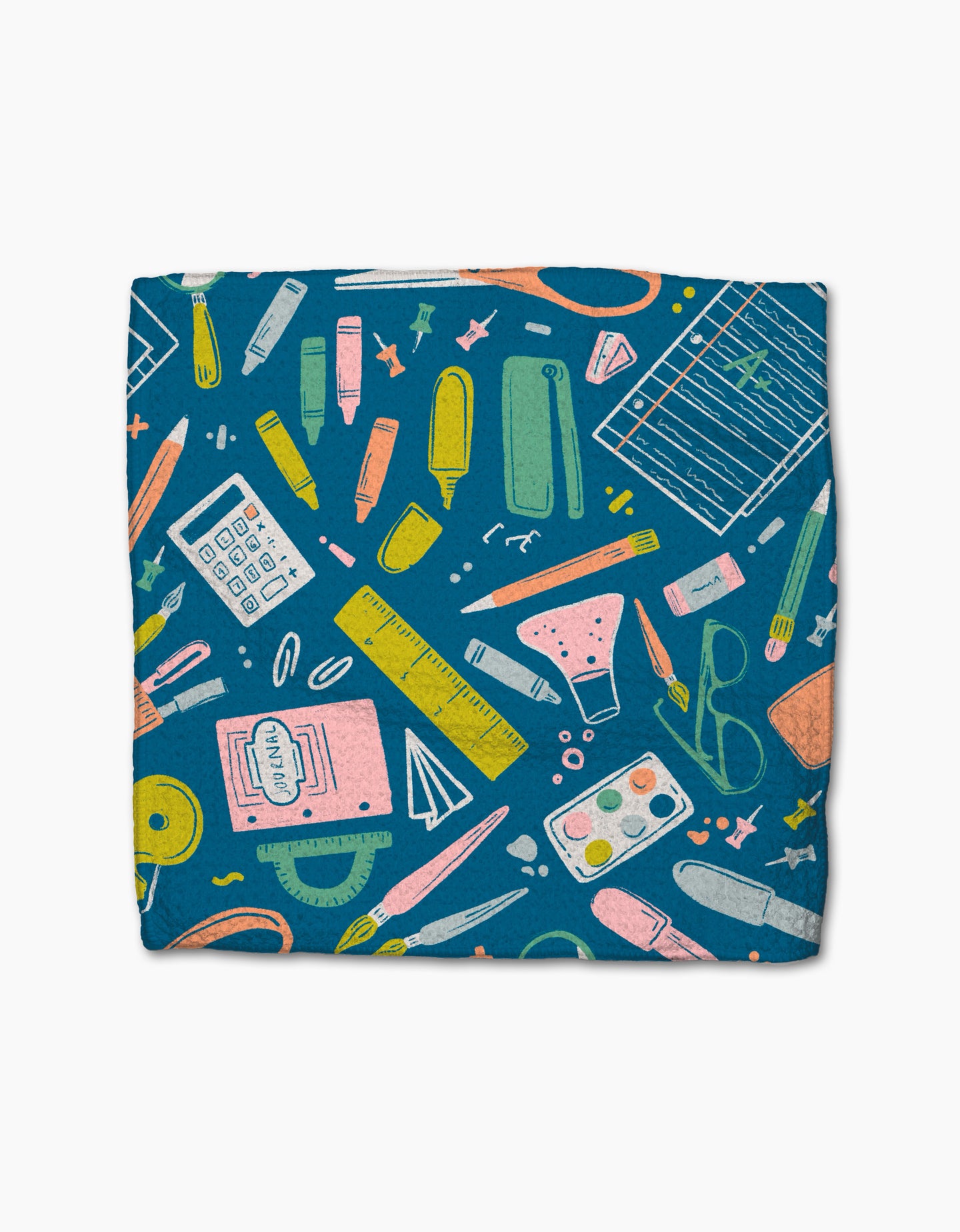 The School Days dishcloth set by Amy MacCready is made from recycled materials and features illustrations of stationery and art supplies on a blue background.