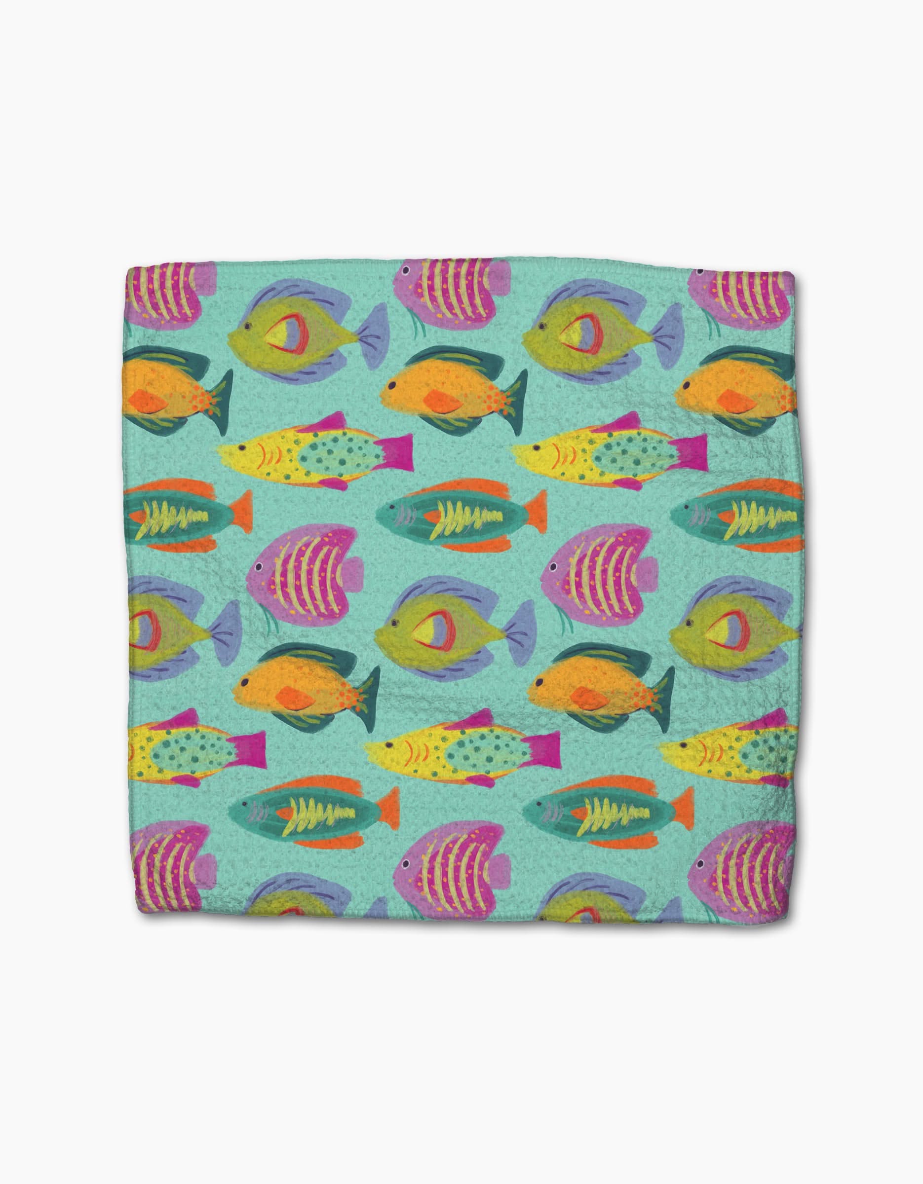 The Geometry Schooling blanket is super-absorbent and features a vibrant design of colorful fish in orange, yellow, purple, pink, and green swimming on a light teal background.