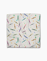 The Scribble Squad by Vaishali Design Studio features a white textured Geoweave fabric adorned with colorful crayons and multicolored stars, shown on a plain white background.