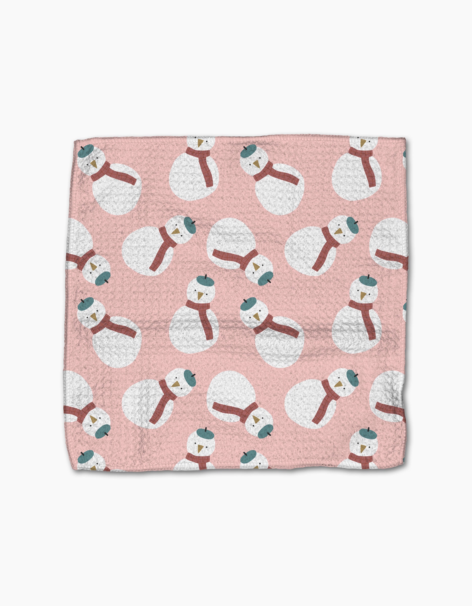 The Jennifer Bouron "Snowman" dishcloth set features a pink textured design with white snowmen in red scarves and green hats. Made from recycled materials, these super-absorbent towels add playful charm to your kitchen.