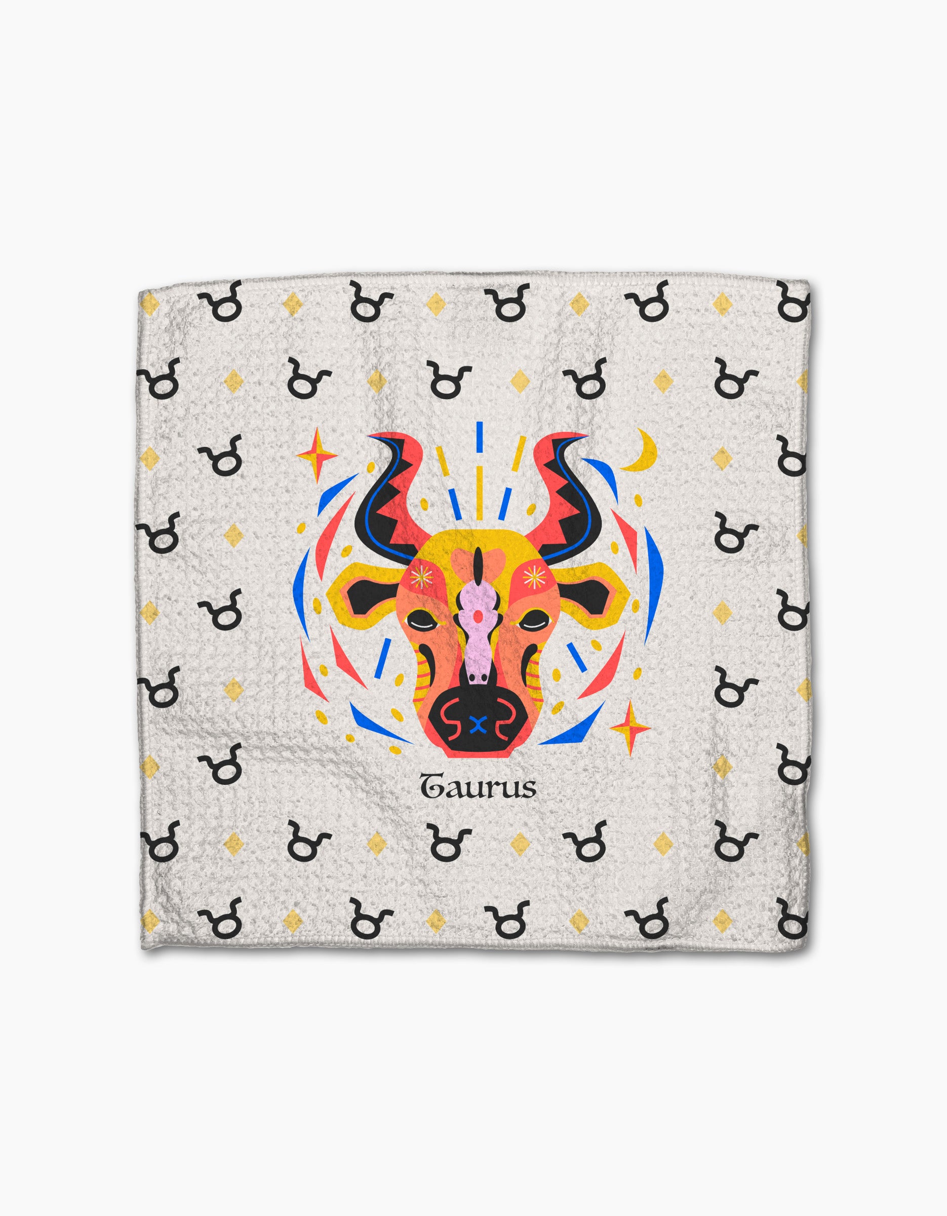 The Steady Taurus dishcloth set by Heather Zhou features a white design with a cow head and black-and-white symbols, crafted from recycled materials for eco-friendly appeal.