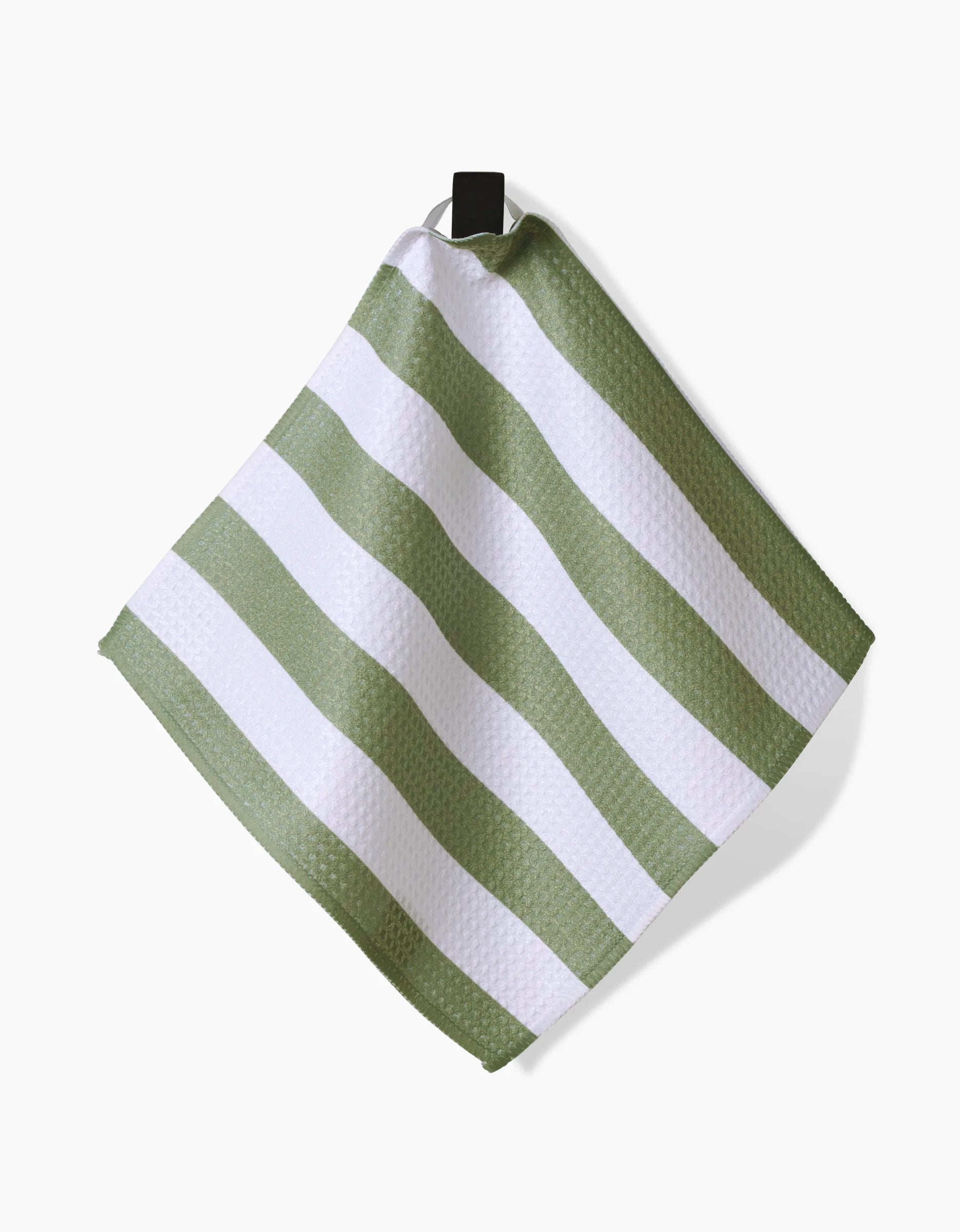 The Kailee Wright Sweet Mint dish towel, featuring eco-friendly Geoweave fabric and a green and white striped textured pattern, hangs from a black loop against a white background.