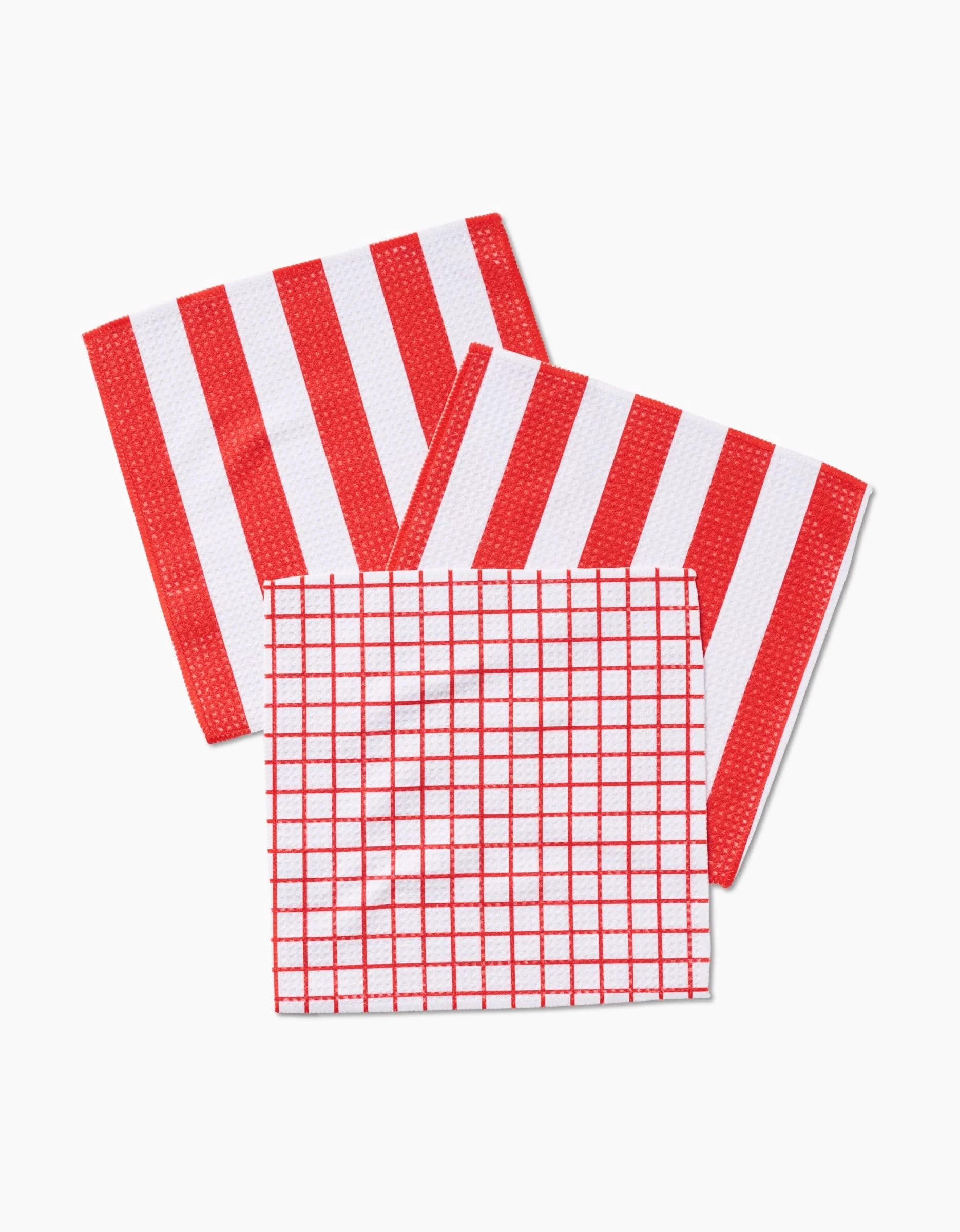 The Kailee Wright Sweet Peppermint Dishcloth Set includes three super-absorbent kitchen towels: two with red and white vertical stripes and one with a red and white grid, all on a white background for quick-drying convenience.