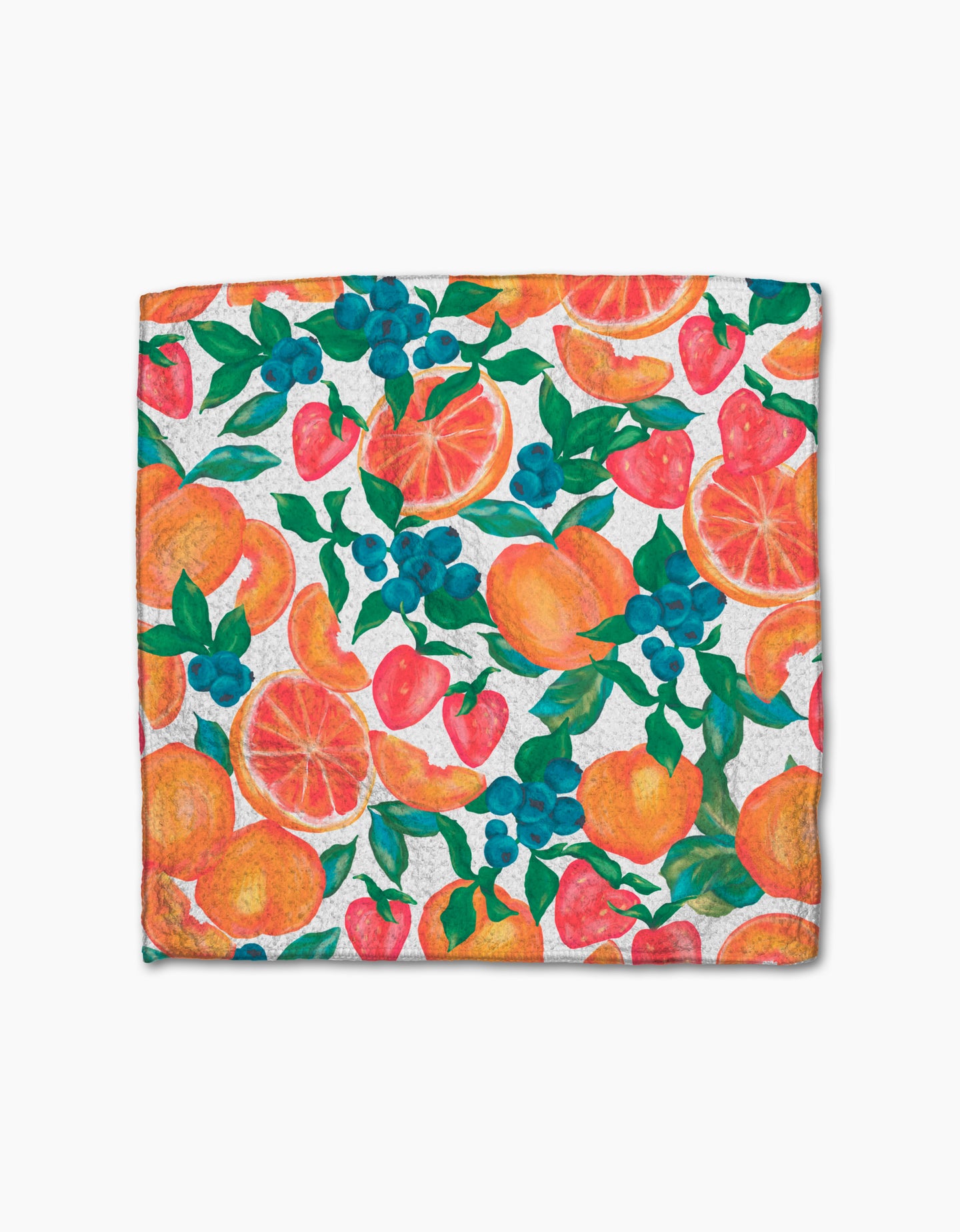 The Aubrey Fairchild Sweet Pickings dishcloth features a vibrant fruit pattern with oranges, strawberries, and blueberries on white Geoweave fabric, making it super-absorbent for effortless kitchen cleanup.