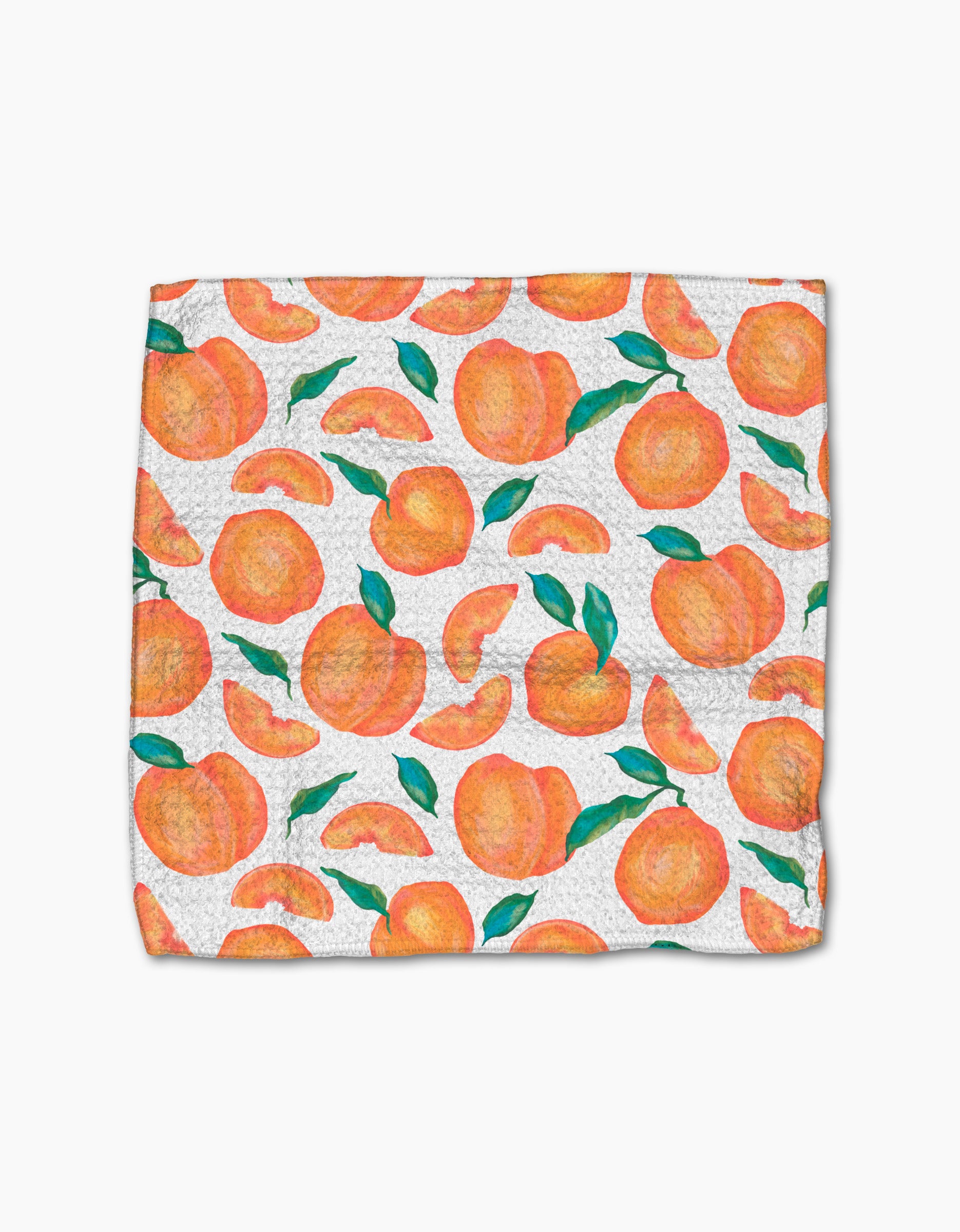 The Sweet Pickings dishcloth by Aubrey Fairchild features a vibrant pattern of whole peaches, peach slices, and green leaves on ultra-absorbent Geoweave fabric.
