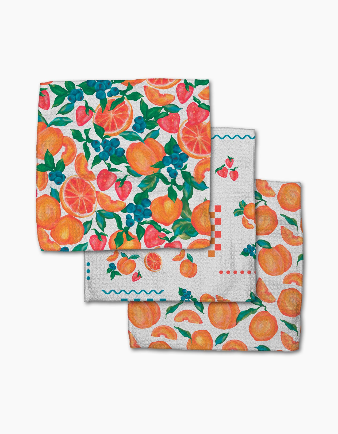 The Aubrey Fairchild Sweet Pickings set includes three super-absorbent Geoweave kitchen towels featuring vibrant strawberries, blueberries, and oranges on white—perfect for adding eye-catching flair to any kitchen.