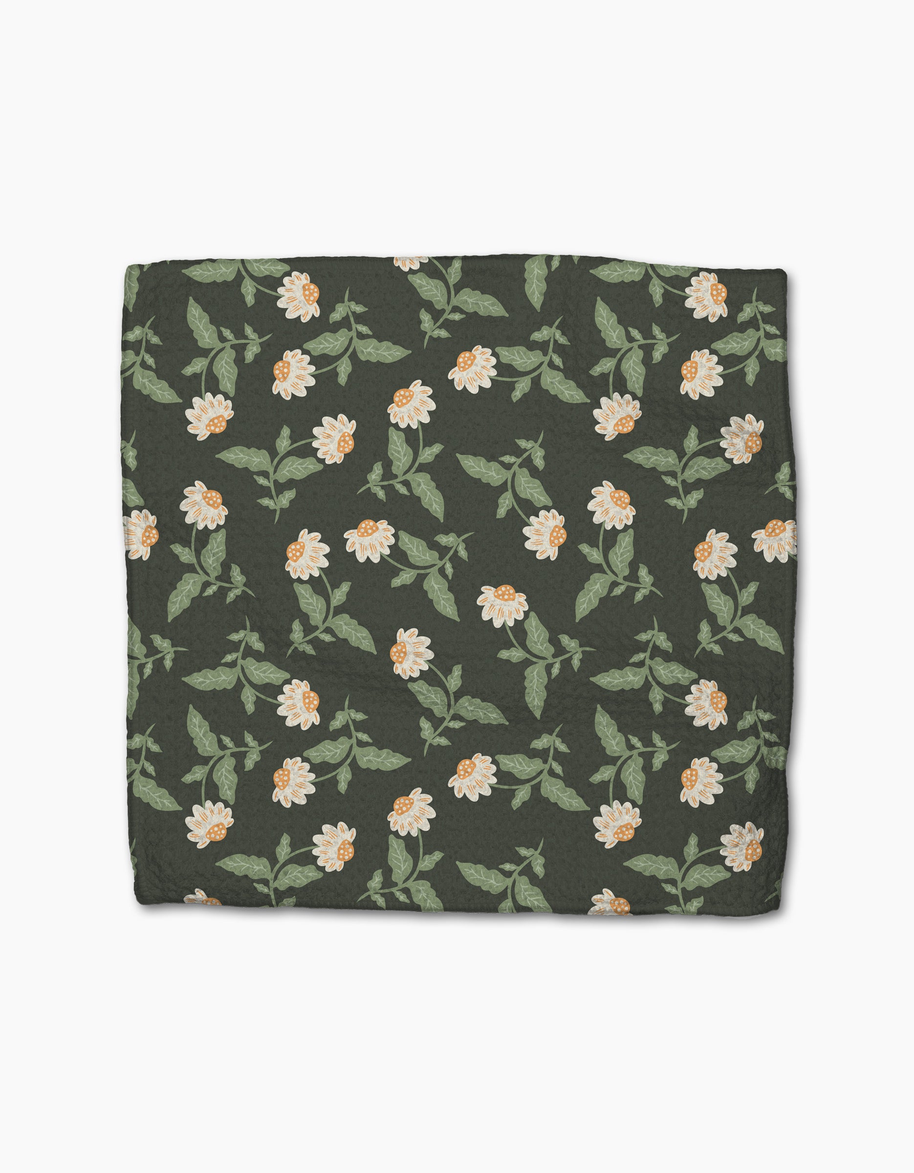 The Danelys Sidron Wildflower Vine Onyx is a dark green rectangular blanket made from recycled materials, featuring a repeating white and yellow floral pattern with green leaves, shown on a white background.