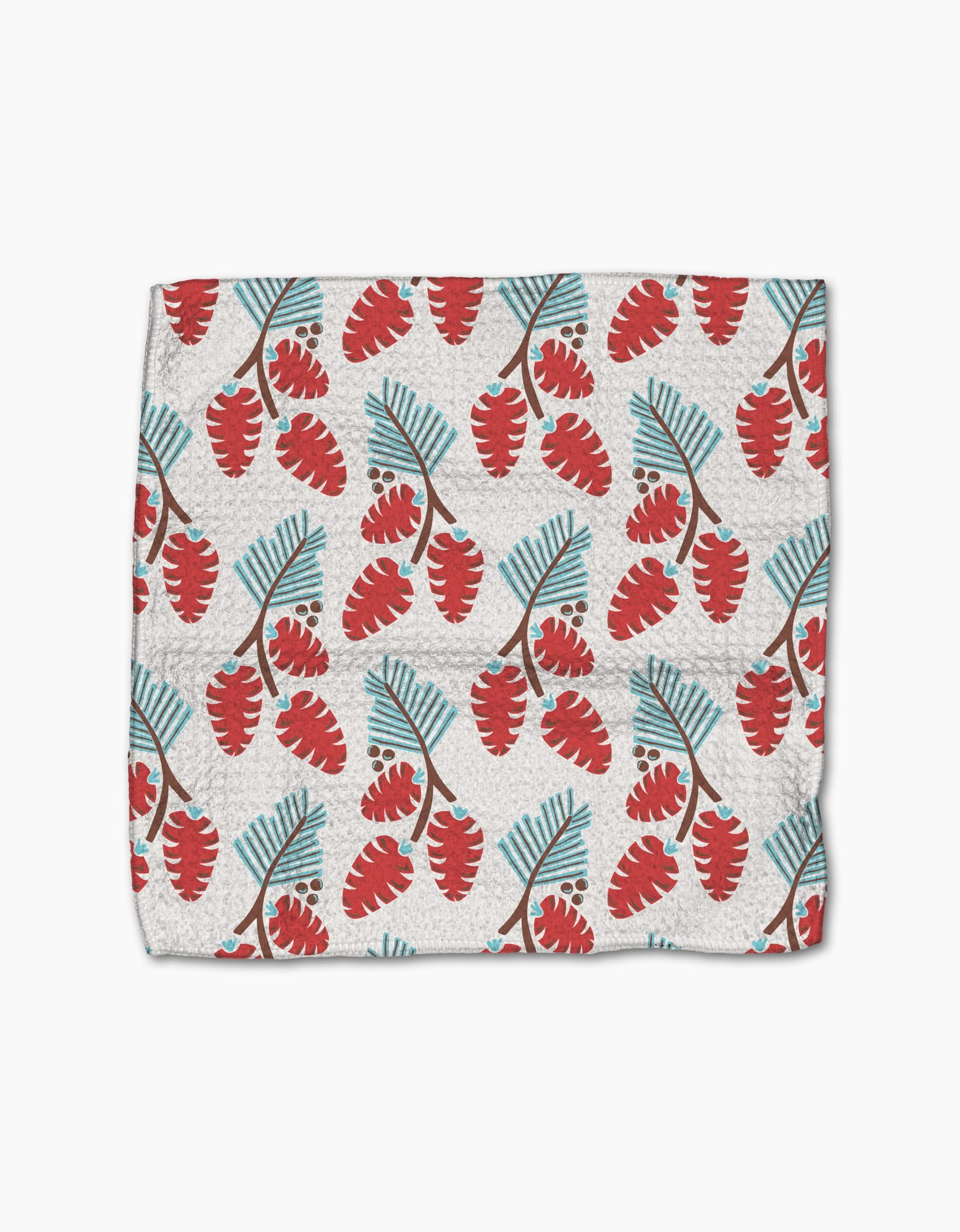 The Lizzie Clark Winter Holly Dishcloth Set features textured white fabric with red and blue stylized leaves and branches, crafted from recycled materials.