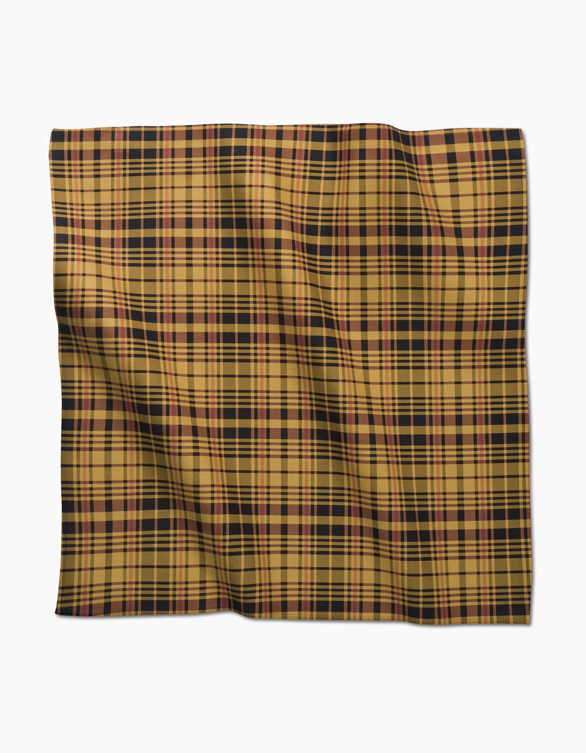 The Autumn Plaid Dinner Napkin Set by Danelys Sidron features a square, eco-friendly yellow, black, and red plaid fabric made from recycled materials, slightly wrinkled and displayed flat on a white background.