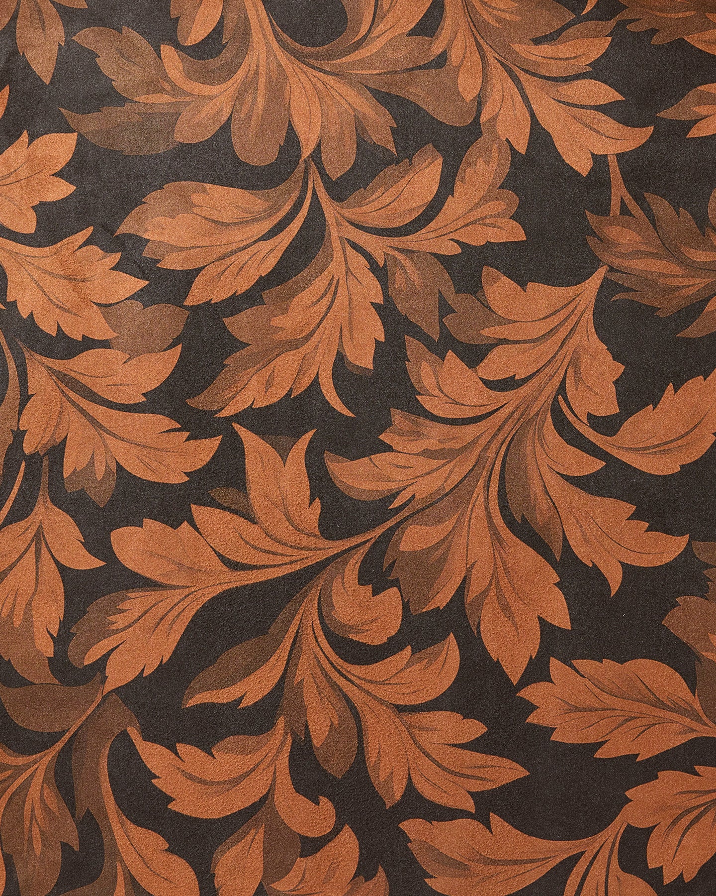 Autumnal Classic Foliage by Geometry features a seamless brown and rust-orange leaf pattern with intricate detail on a dark brown background—an elegant, vintage design ideal for absorbent dinner napkins made from recycled materials.