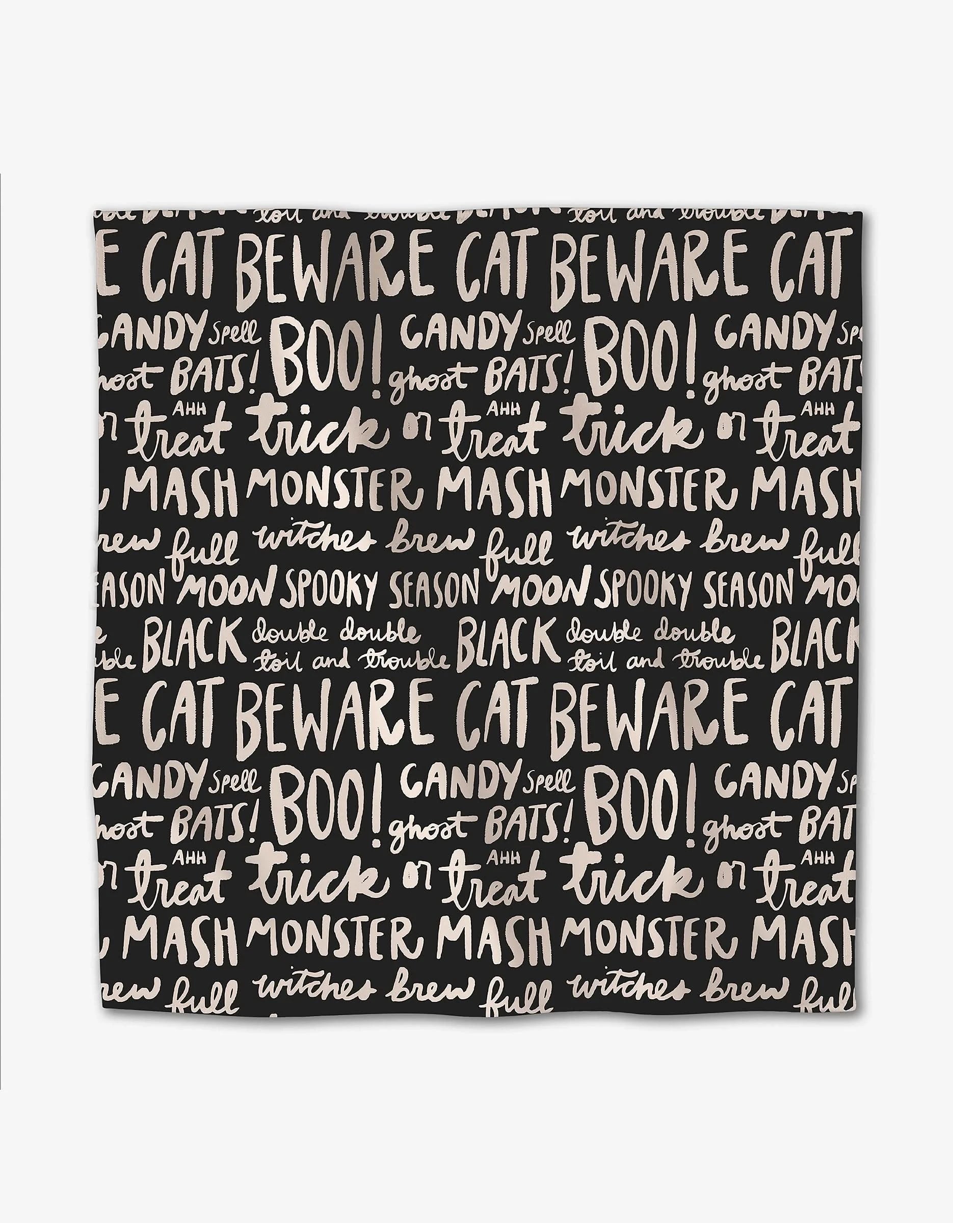The Kayla Ann Booos Dinner Napkin Set features black fabric with white, playful Halloween words like cat, beware, and witches brew in handwritten fonts—stylish, eco-friendly napkins perfect for spooky gatherings.