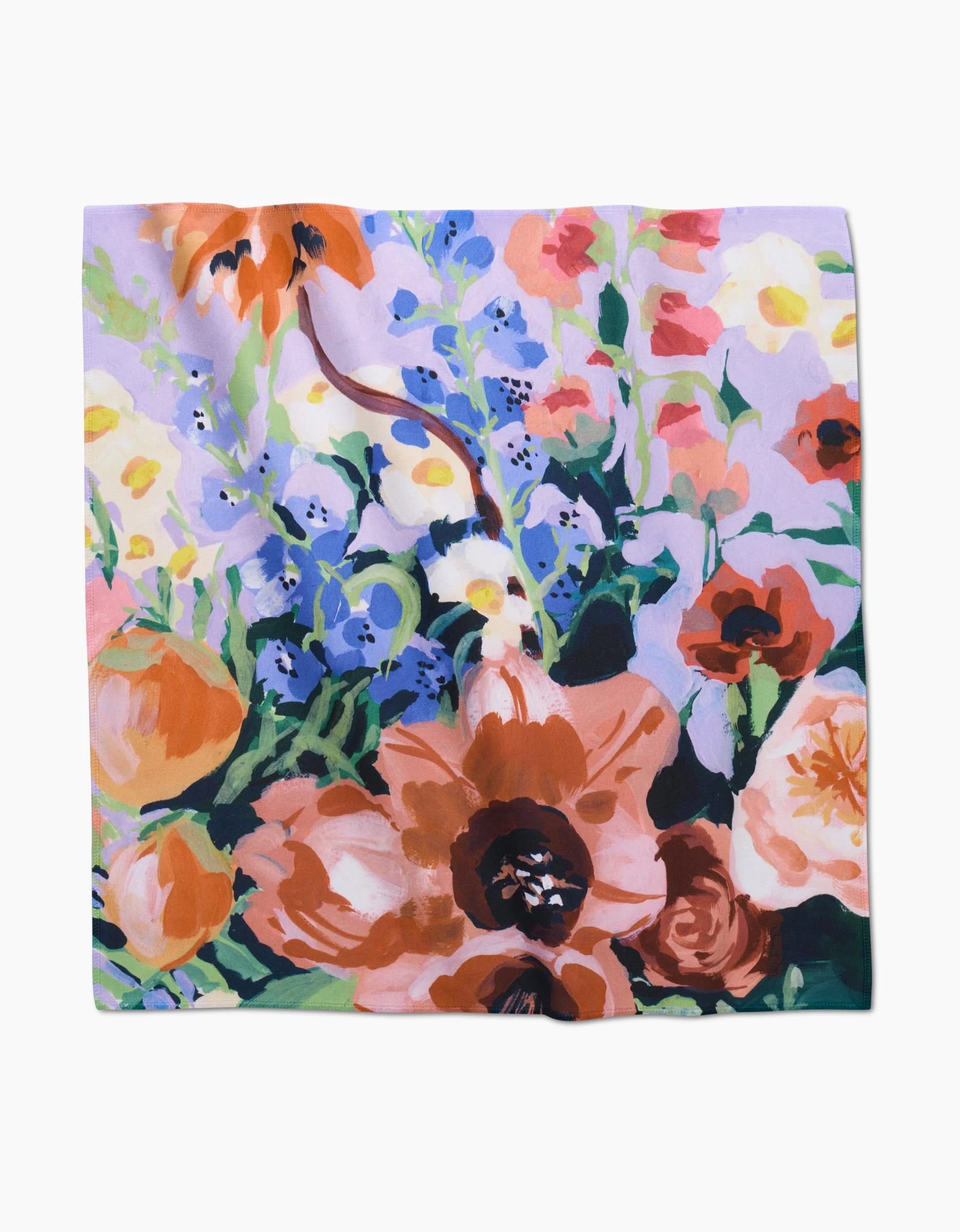 The Bouquet square scarf by Ania Zwara Art showcases a vibrant floral pattern in red, pink, orange, blue, and green on a light purple Geosuede fabric.