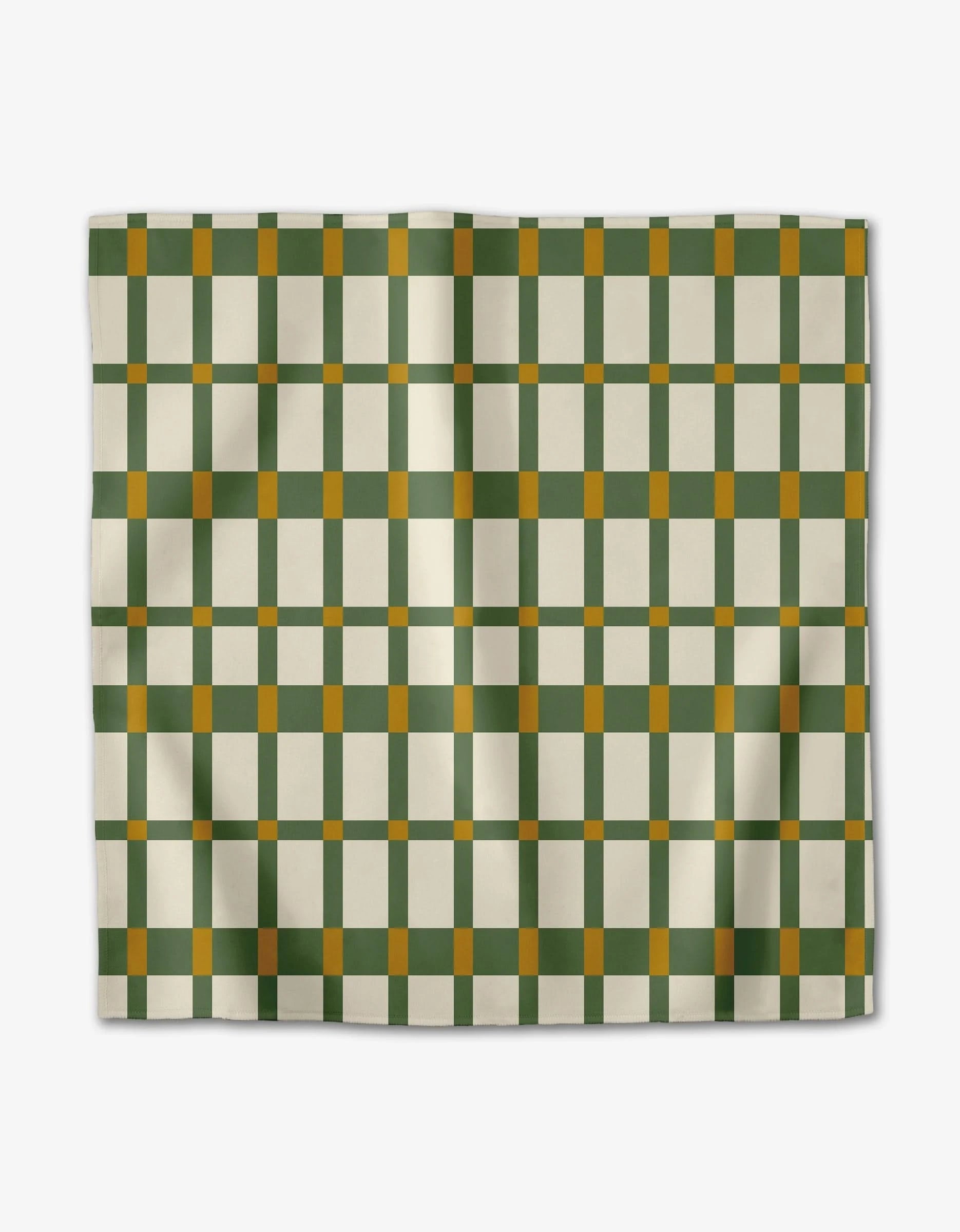 The Candy Plaid dinner napkin set by Rebecca Woolbright features a geometric plaid design with green and yellow grid lines and yellow squares on a cream Geosuede fabric, crafted from recycled material and showing slight natural wrinkles.