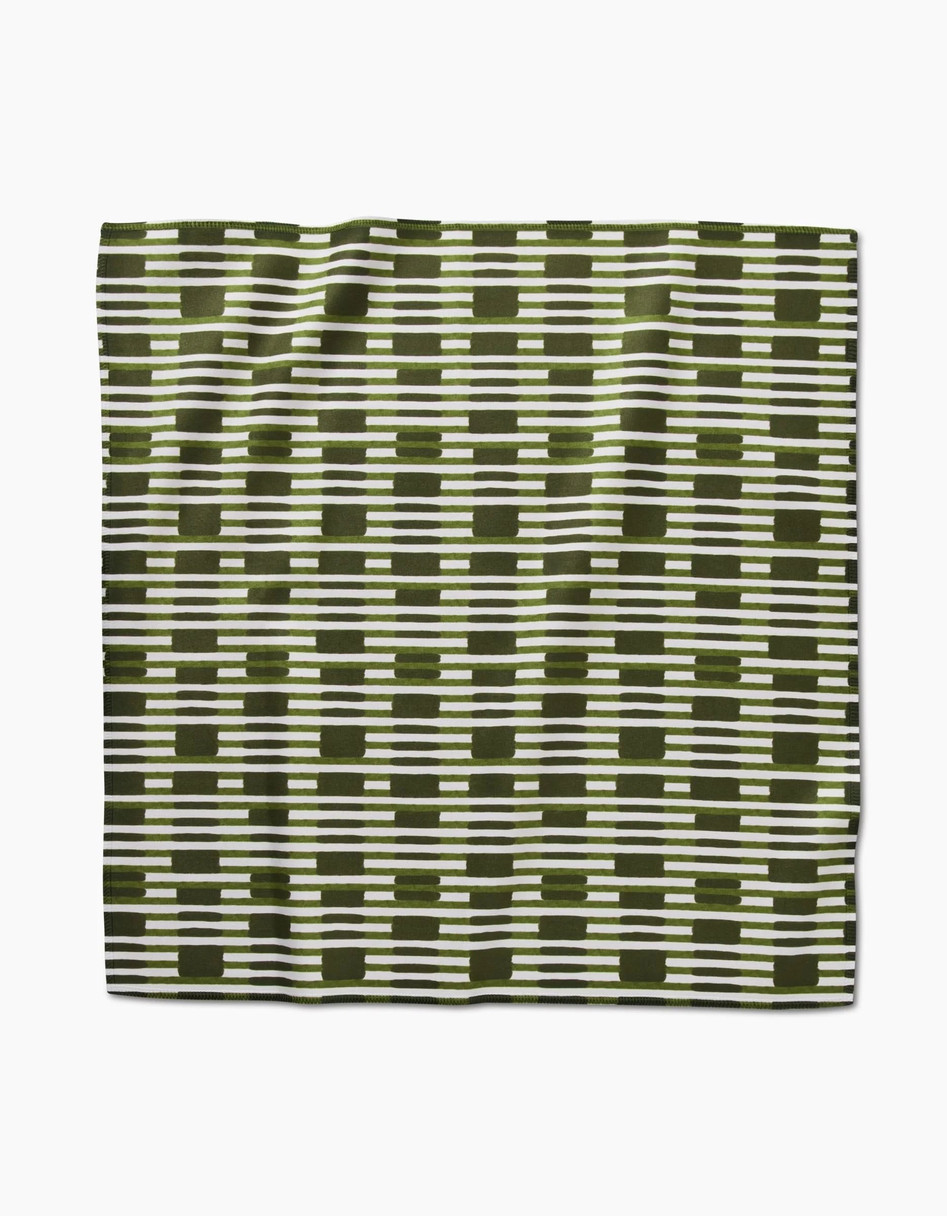 The Clover Stripe Dinner Napkin Set by GEOMETRY features a square design with horizontal green and white stripes accented by dark green rectangles, crafted from soft Geosuede fabric and shown on a white background.