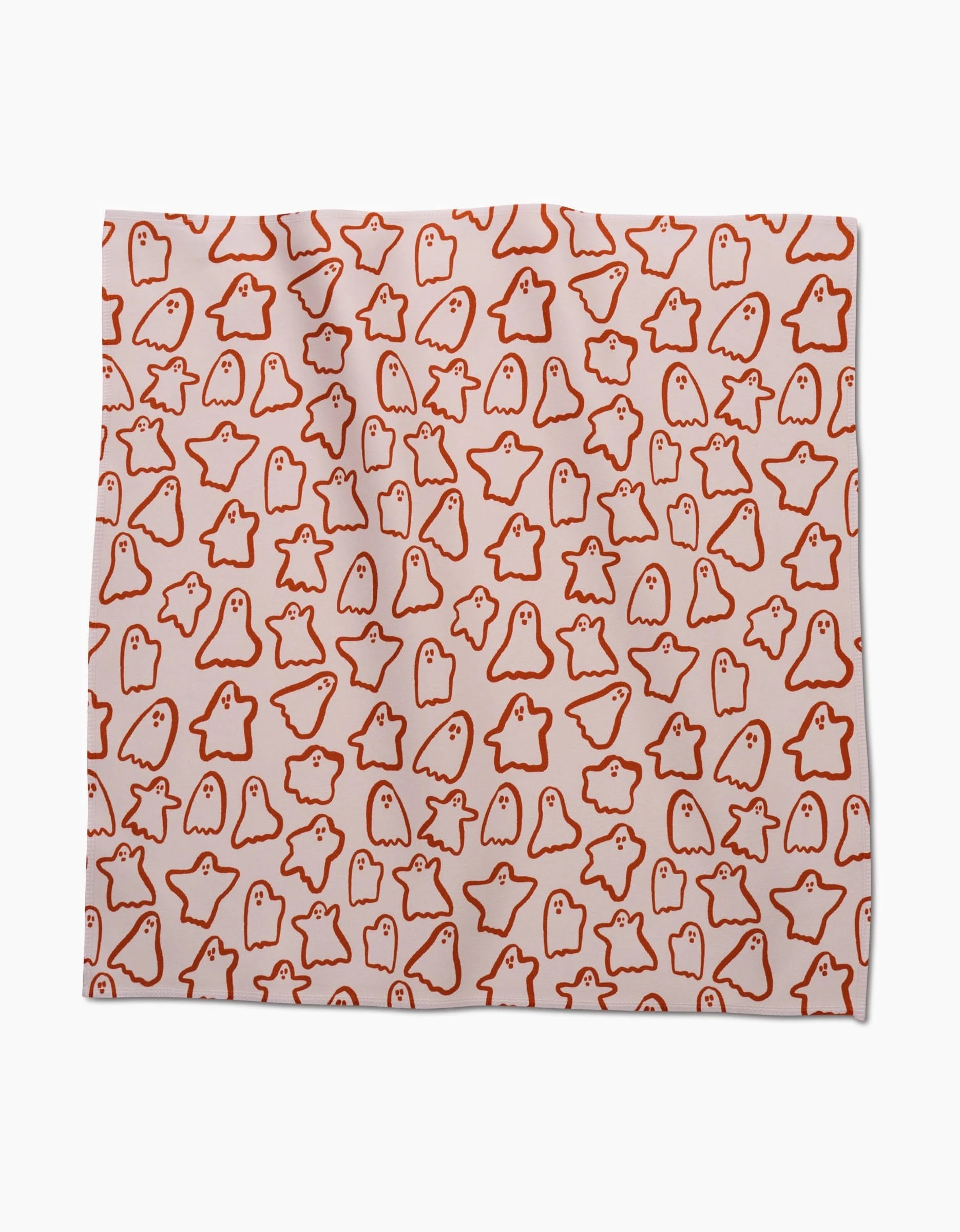 Kayla Ann’s Cute Ghosts Dinner Napkin Set is made from recycled materials and features a white cloth with an orange outline pattern of playful cartoon ghosts arranged in a fun, repeating design.