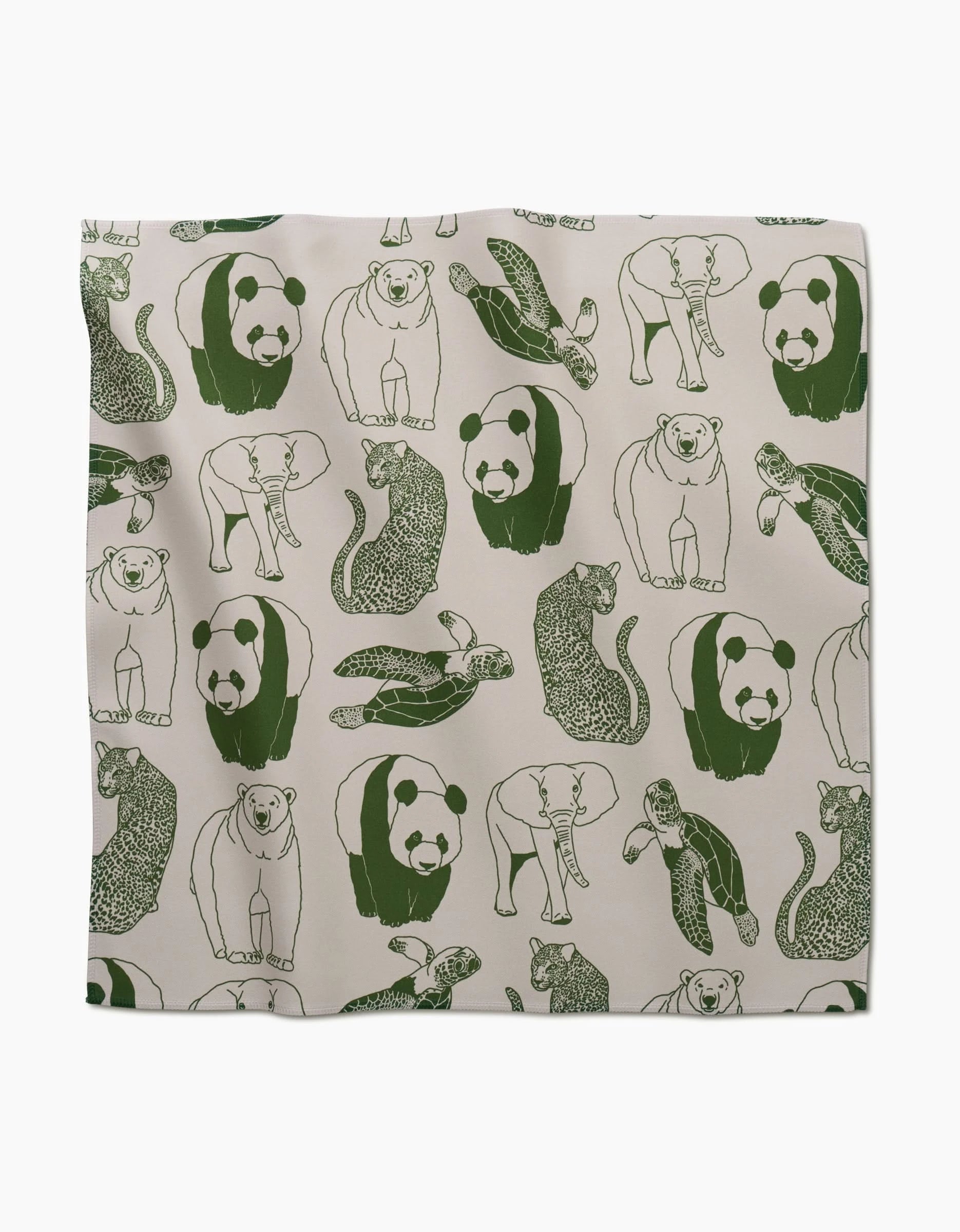 The Endangered Dinner Napkin Set by GEOMETRY features line-drawn pandas, bears, turtles, and leopards in green on a light beige Geosuede fabric made from recycled materials.
