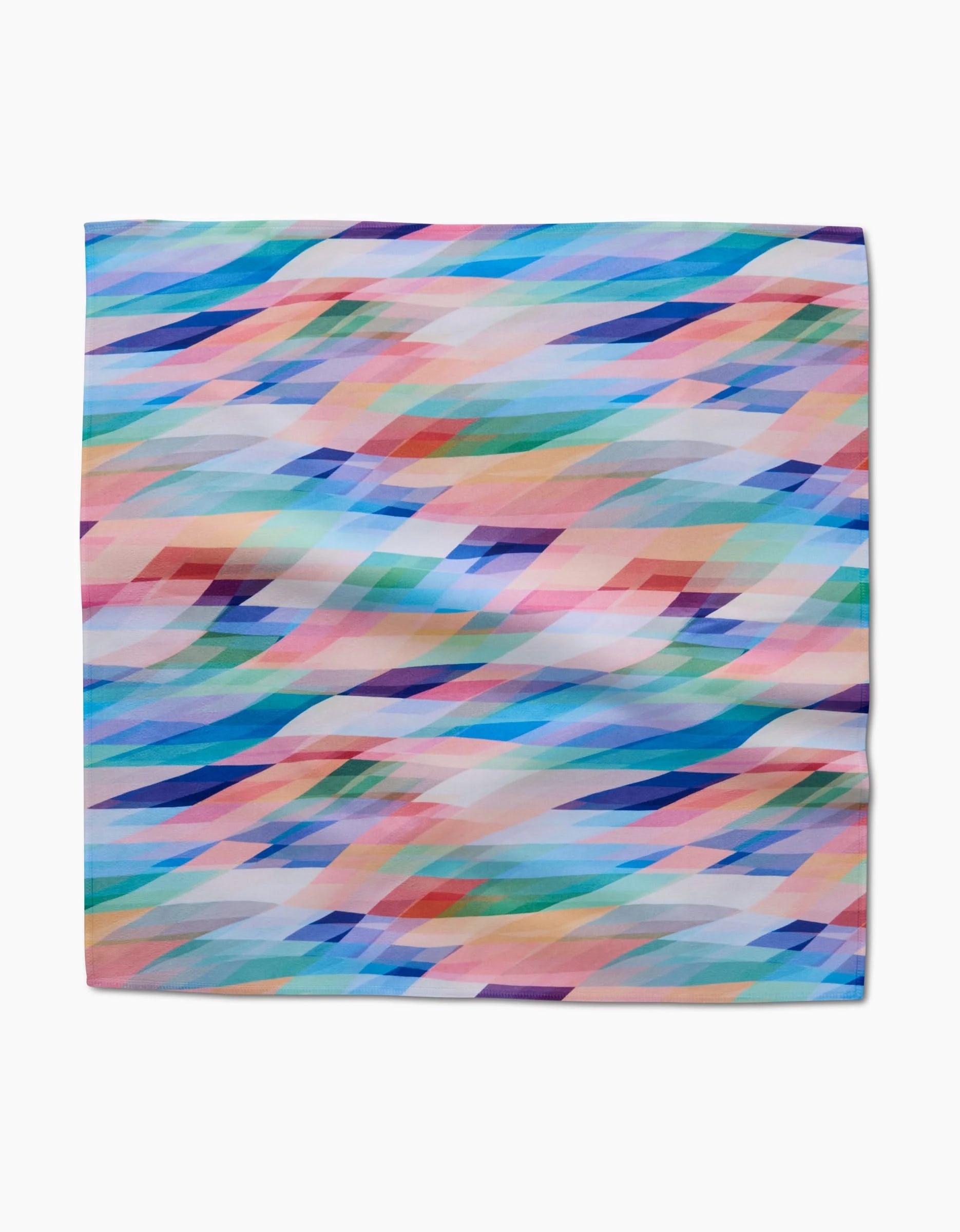 The Eventide square scarf by Rachel Parker is crafted from Geosuede fabric and features a vibrant geometric pattern, making it a stylish accessory or the perfect complement to your favorite Dinner Napkin Set.