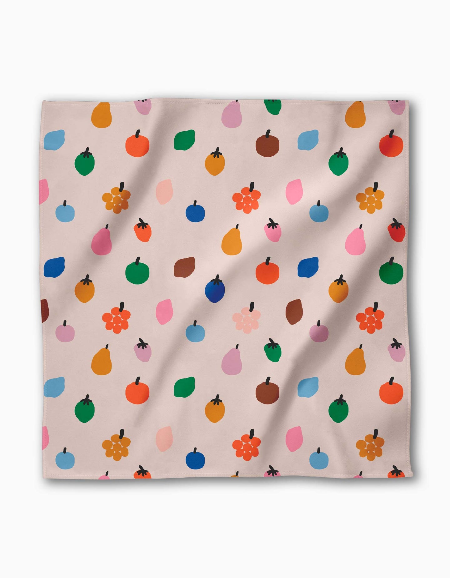 The Fruit Basket square scarf by Jennifer Bouron features a playful mix of colorful fruit, flowers, and leaves on a light pink background, crafted from luxurious Geosuede™ fabric for softness and style.