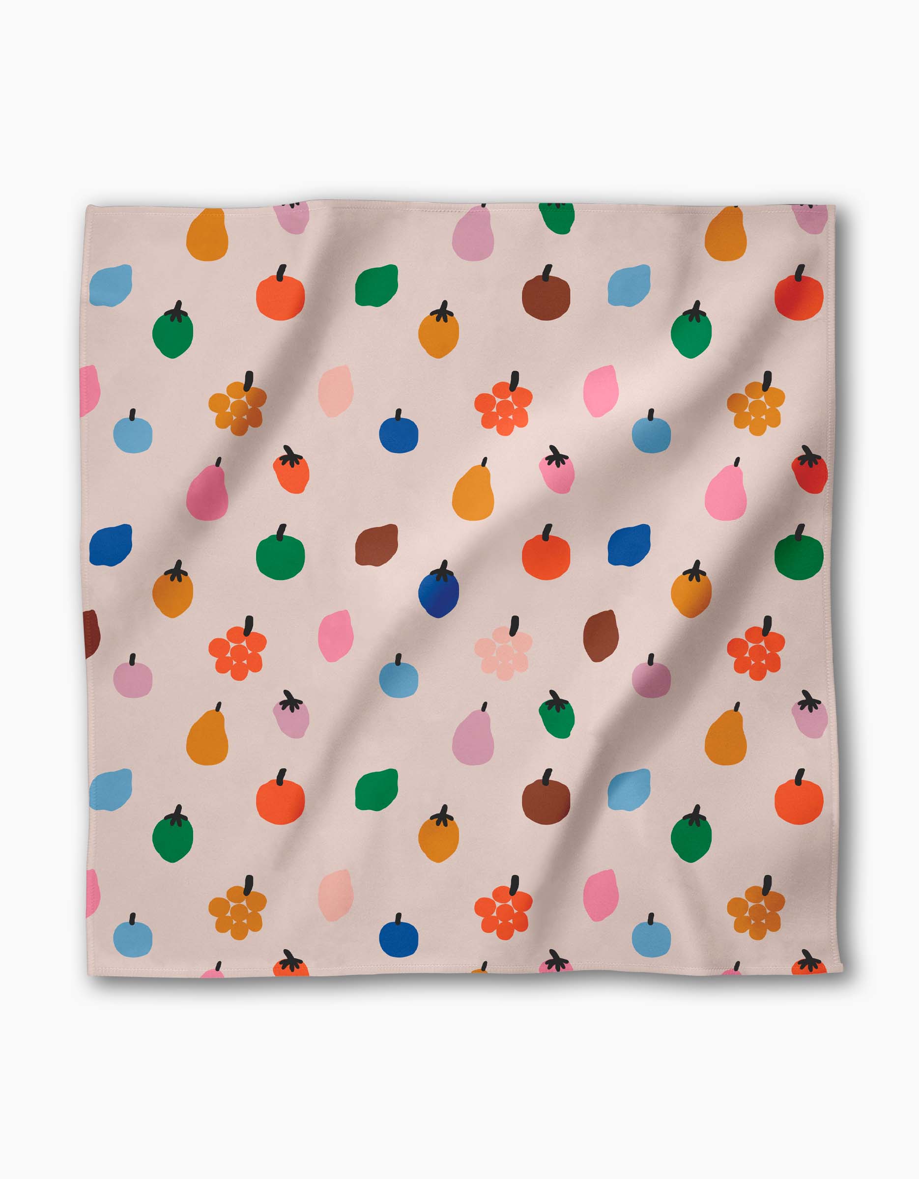 The Fruit Basket square scarf by Jennifer Bouron features a playful mix of colorful fruit, flowers, and leaves on a light pink background, crafted from luxurious Geosuede™ fabric for softness and style.