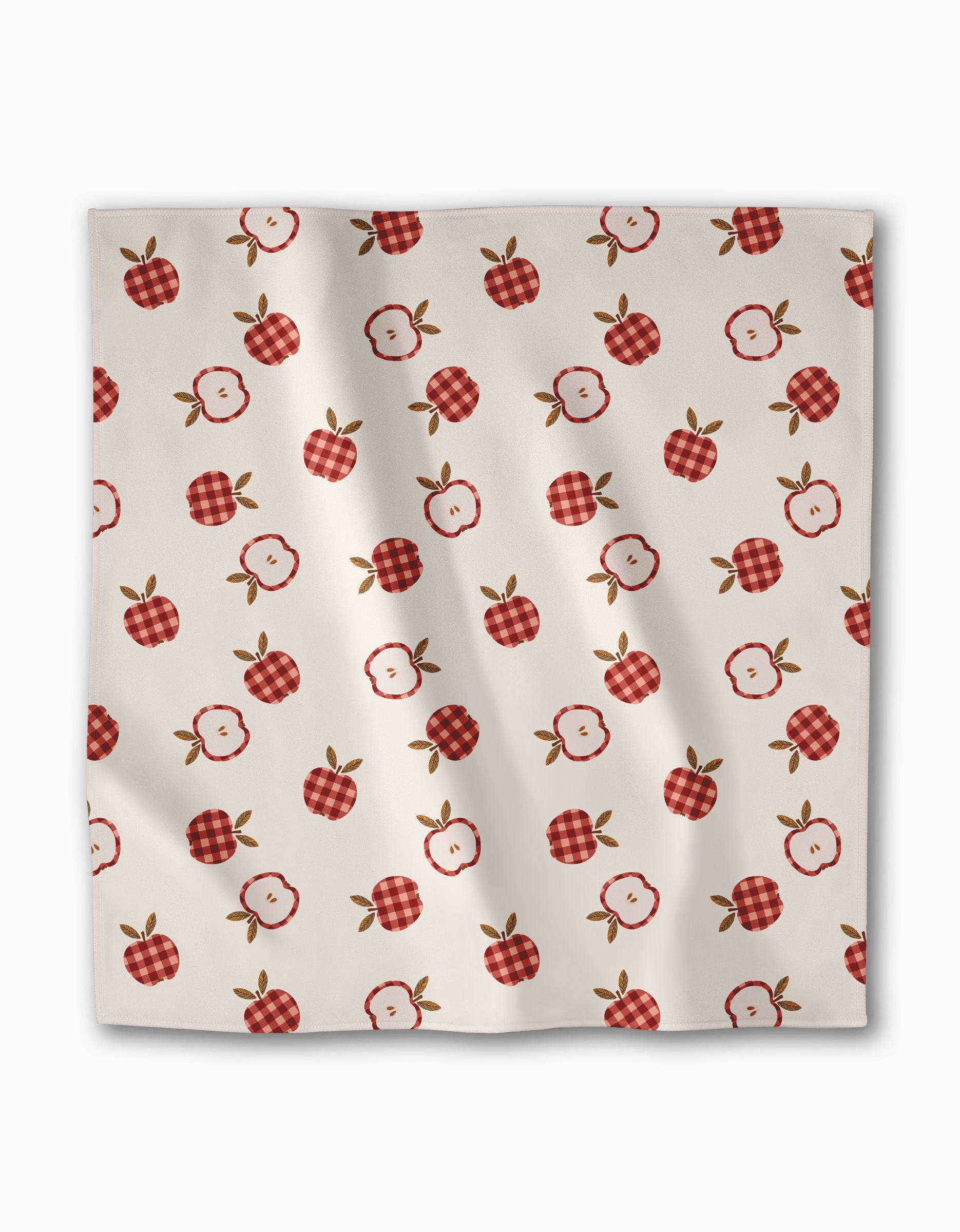 Introducing the "Gingham Apples" Dinner Napkin Set by Teri the Butter: eco-friendly, square beige napkins featuring a diagonal pattern of red apples—plaid, solid, and sliced—with green leaves.