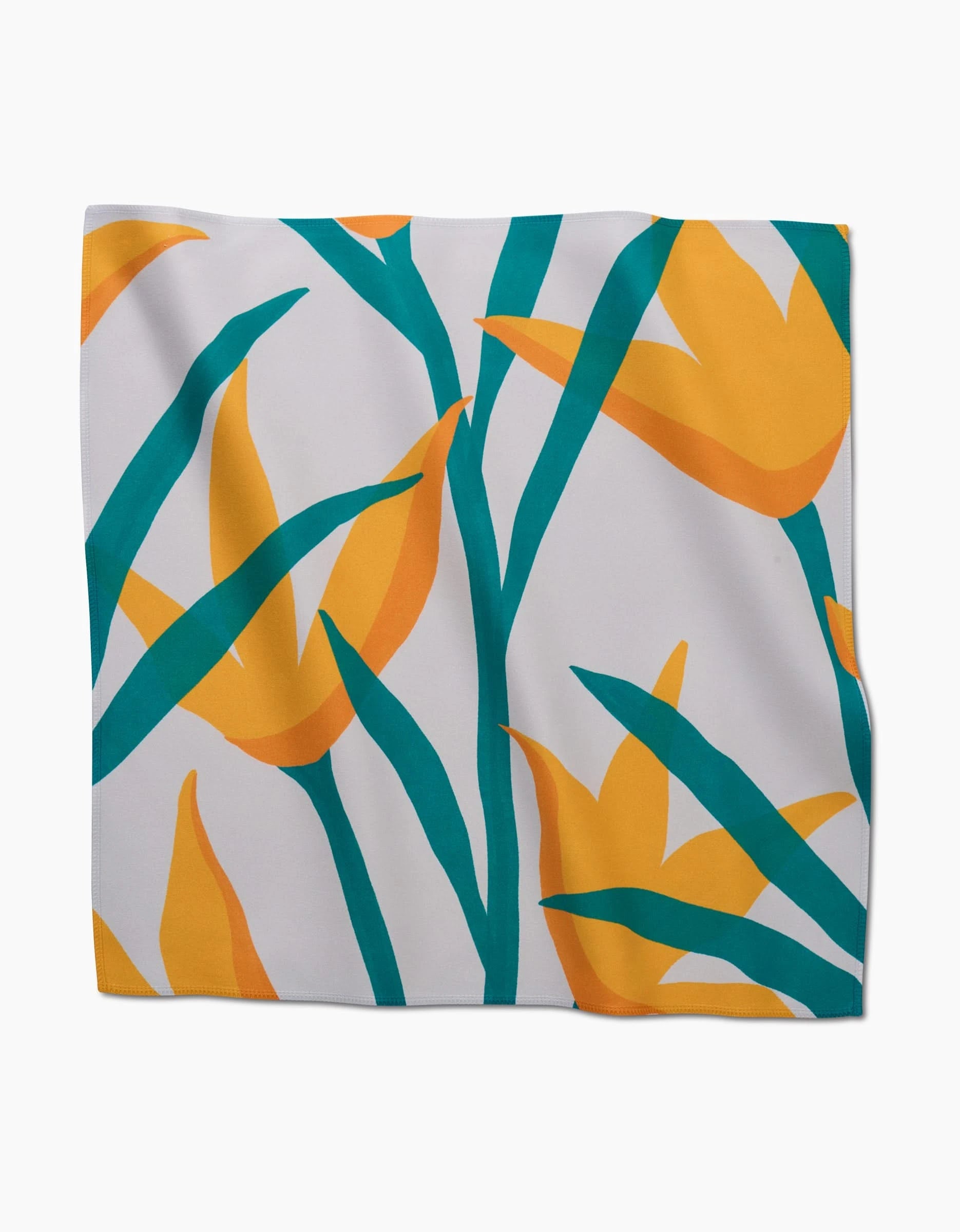 The GEOMETRY Growth Dinner Napkin Set features rectangular fabric napkins with a bold pattern of yellow flowers and green leaves on white, showcasing stylized, overlapping floral shapes with long petals.