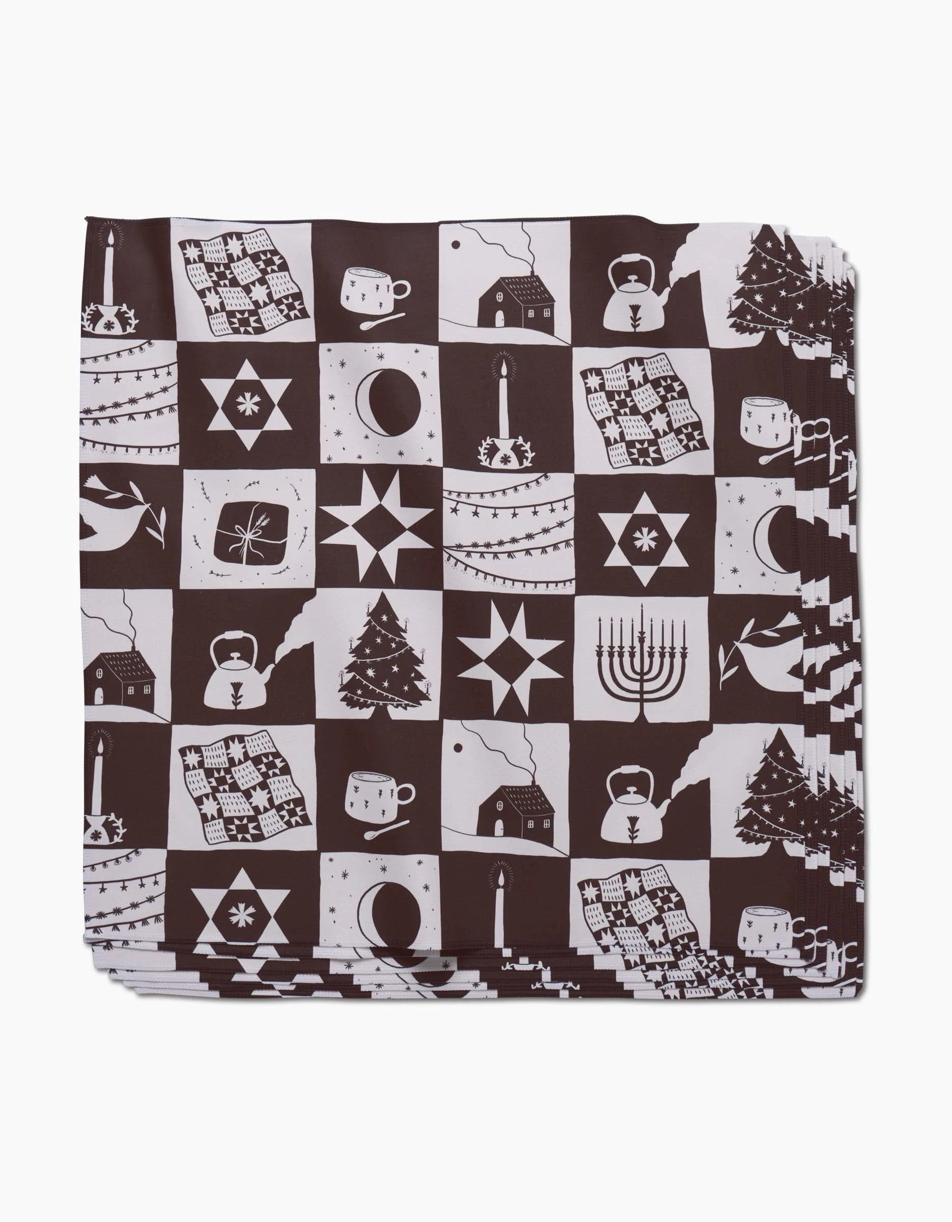 The Holiday Treats Geosuede fabric by Elana Gabrielle features a black and white grid with festive candles, trees, menorahs, mugs, stars, houses, quilts, and birds—ideal for a unique Dinner Napkin Set.