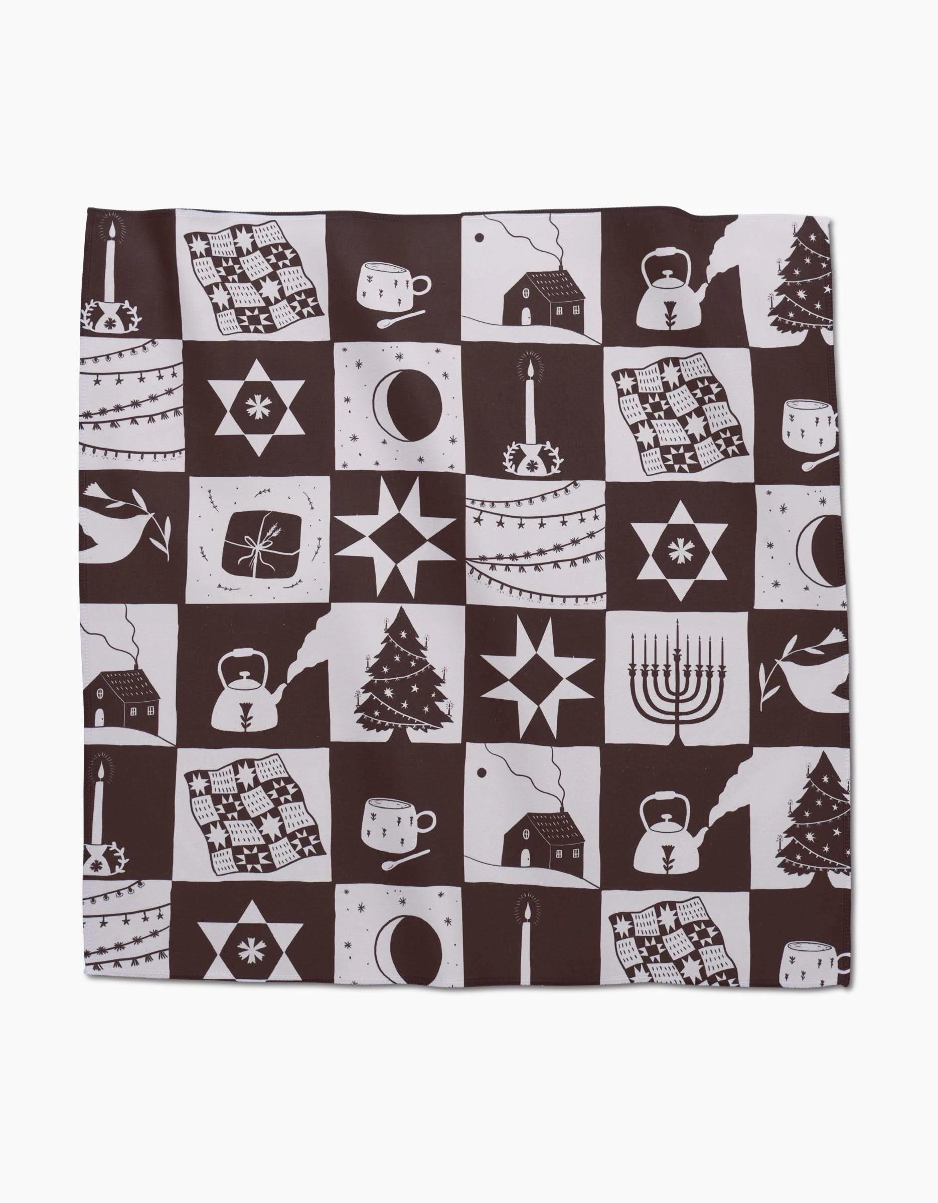 The Holiday Treats dinner napkin set by Elana Gabrielle is made from Geosuede and showcases a black-and-white checkered pattern with festive icons like menorahs, candles, mugs, quilts, stars, houses, trees, and birds.