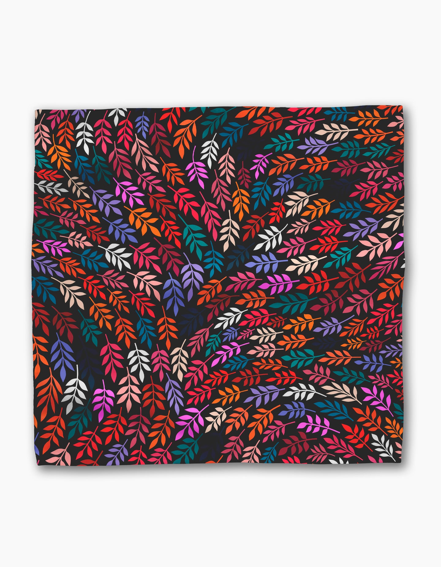 Jewel Leaf Swirl by Rachel Parker features vibrant, multicolored abstract leaves swirling on a dark background—ideal for eco-friendly napkins or a striking recycled dinner napkin set.