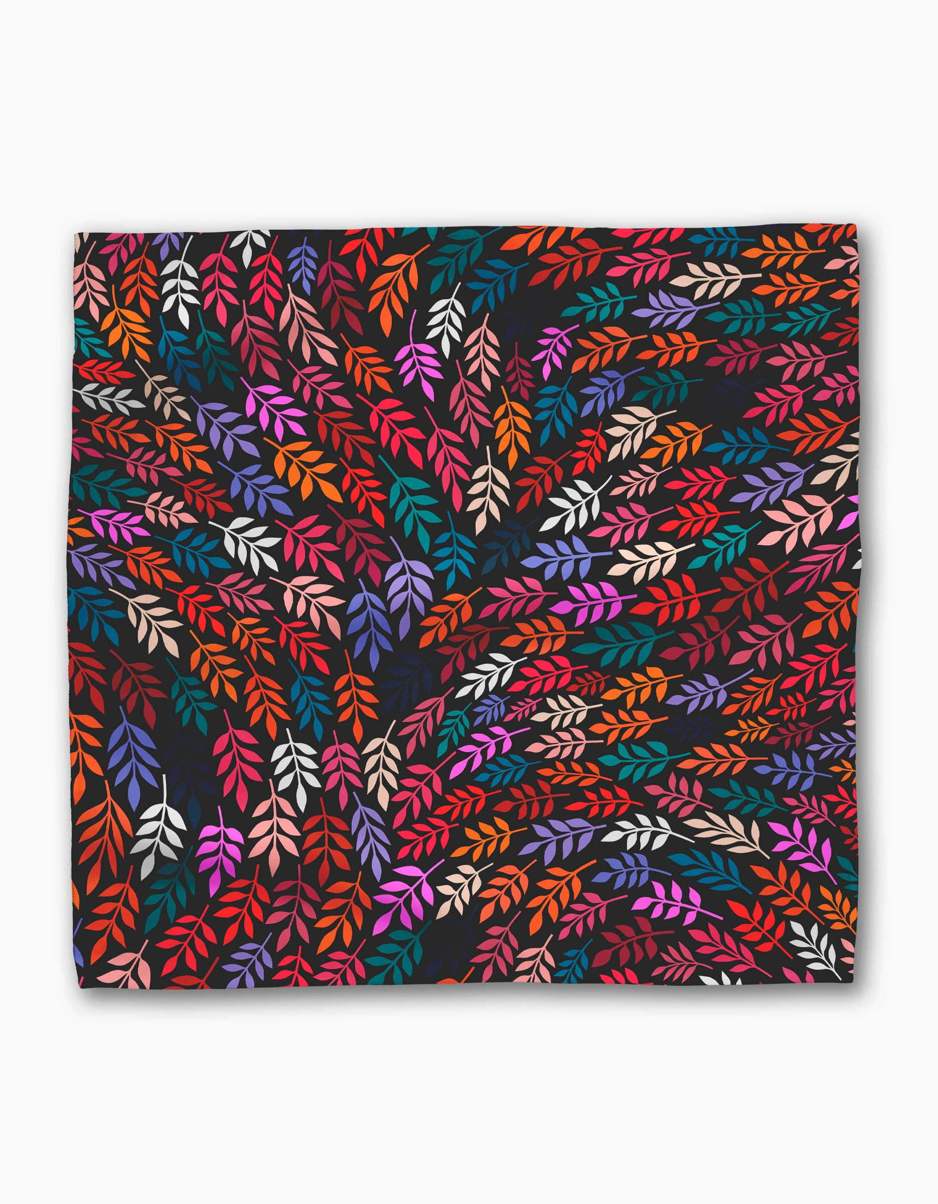 Jewel Leaf Swirl by Rachel Parker features vibrant, multicolored abstract leaves swirling on a dark background—ideal for eco-friendly napkins or a striking recycled dinner napkin set.