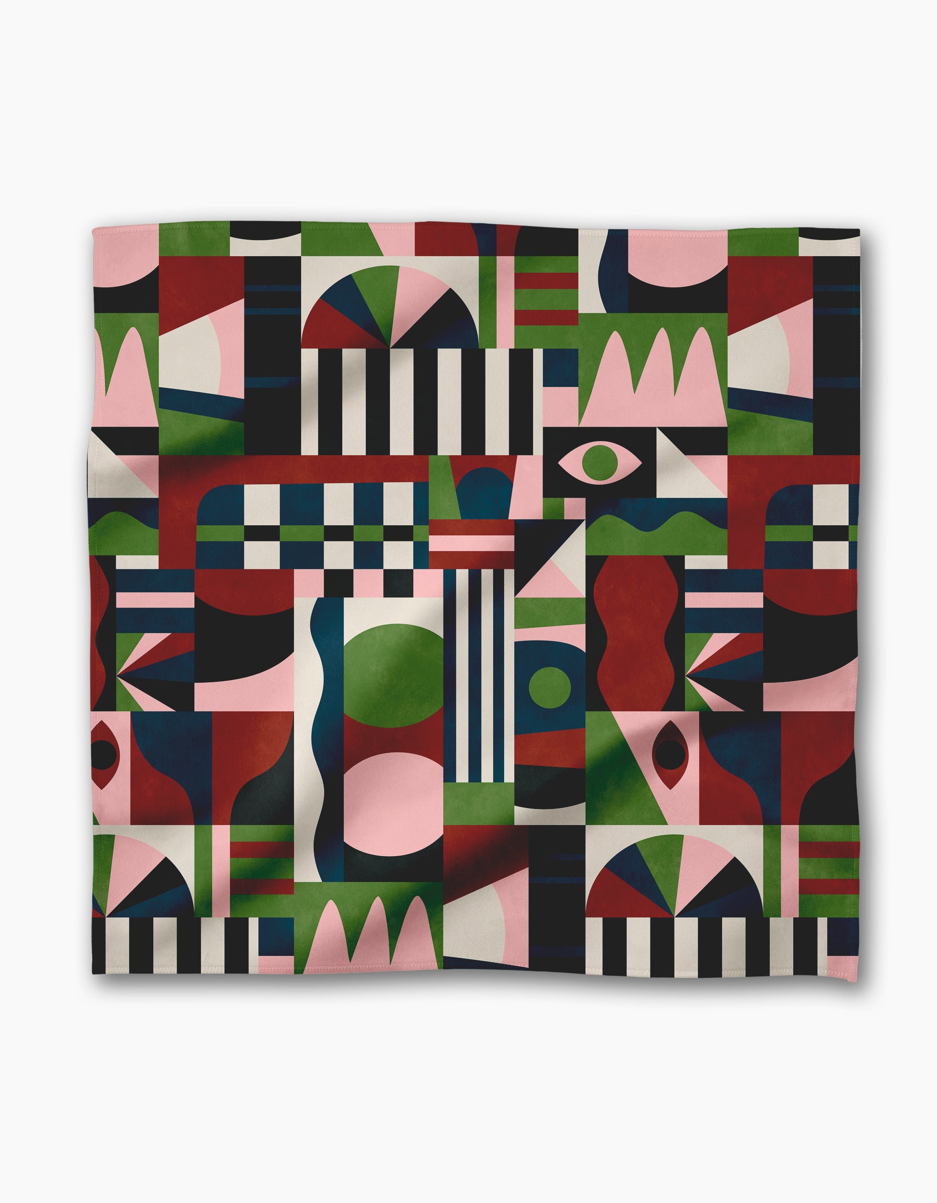 The Modern Bauhaus Mood blanket by Claire Iglesias features a colorful, abstract design with geometric shapes—stripes, circles, and rectangles—in red, green, navy, black, and pink. Made from recycled materials for a modern artistic look.
